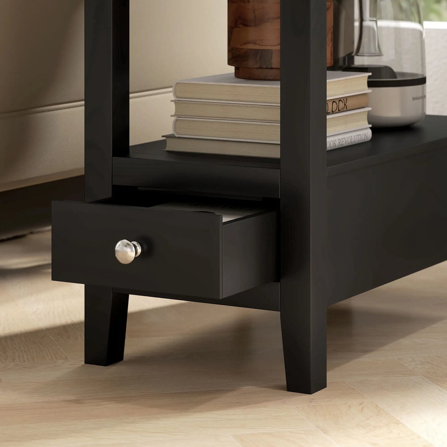 Narrow Side Table with Charging Station, USB Ports, Modern End Table with Storage Shelf, Drawers for Living Room, Black