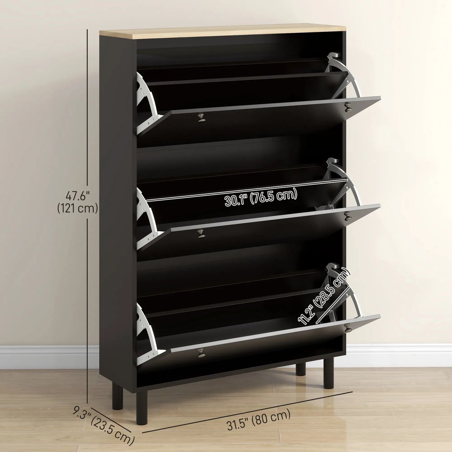 Narrow Shoe Storage with 3 Flip Drawers and Adjustable Shelves for 24 Pairs of Shoes, Black