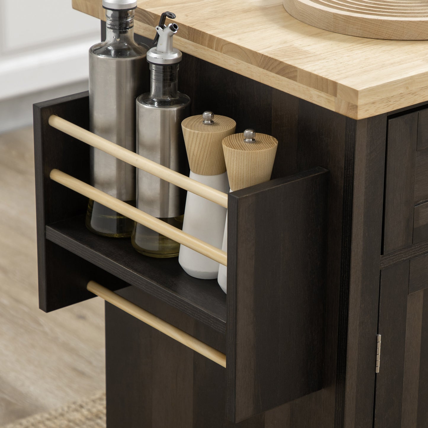 Rolling Kitchen Island with Storage, Trolley Cart with Rubber Wood Top, Spice Rack, Towel Rack, Brown Oak