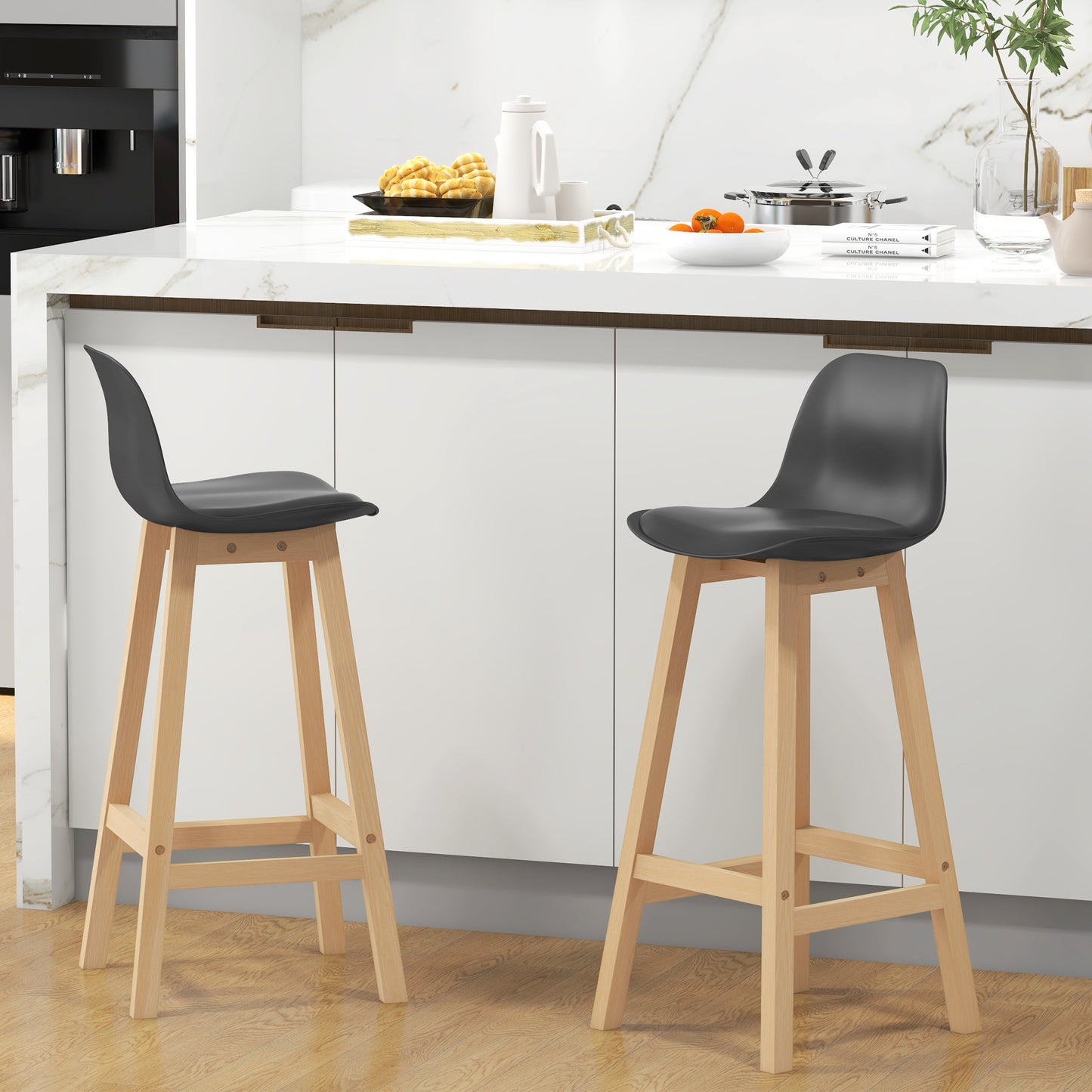 Bar Height Stools Set of 2, PU Leather Upholstered Stools for Kitchen Island, Modern Bar Chairs with Backs, Black