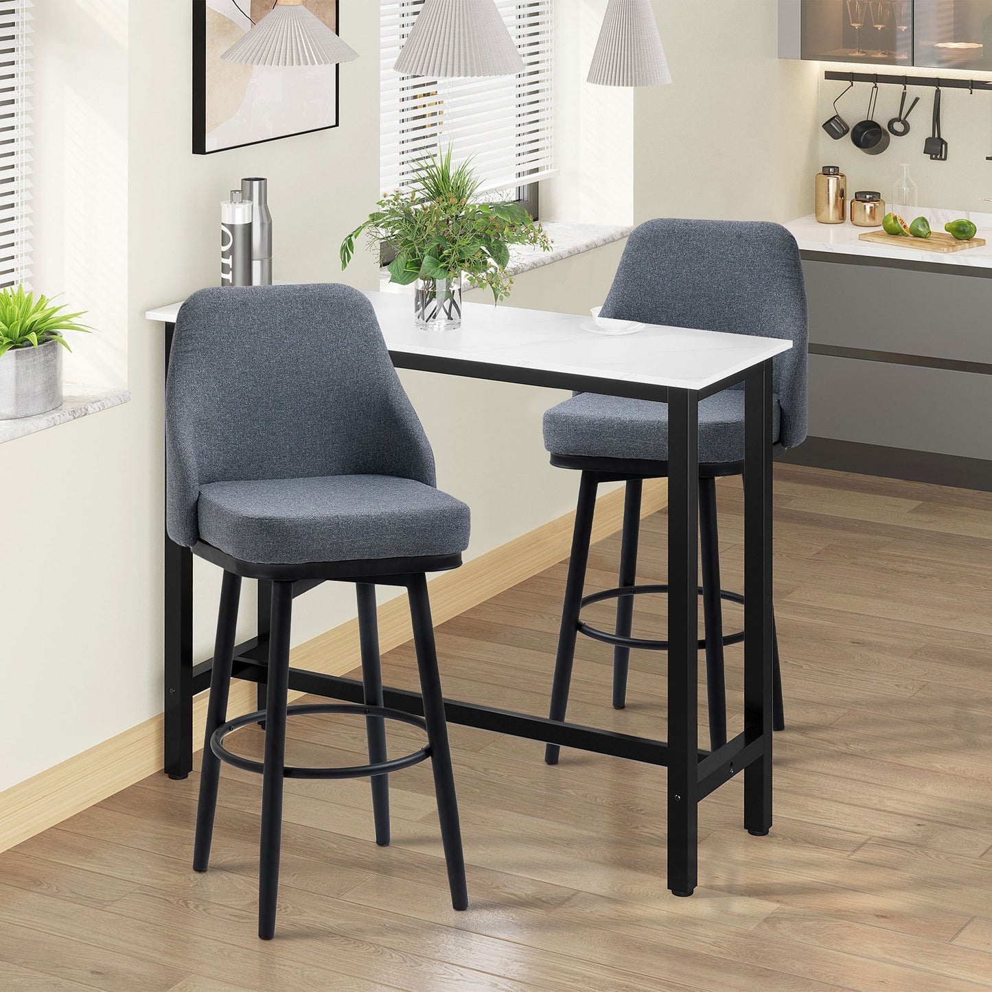 Tall Bar Stools Set of 2, Modern 360° Swivel, with Steel Legs Footrest, Charcoal Grey