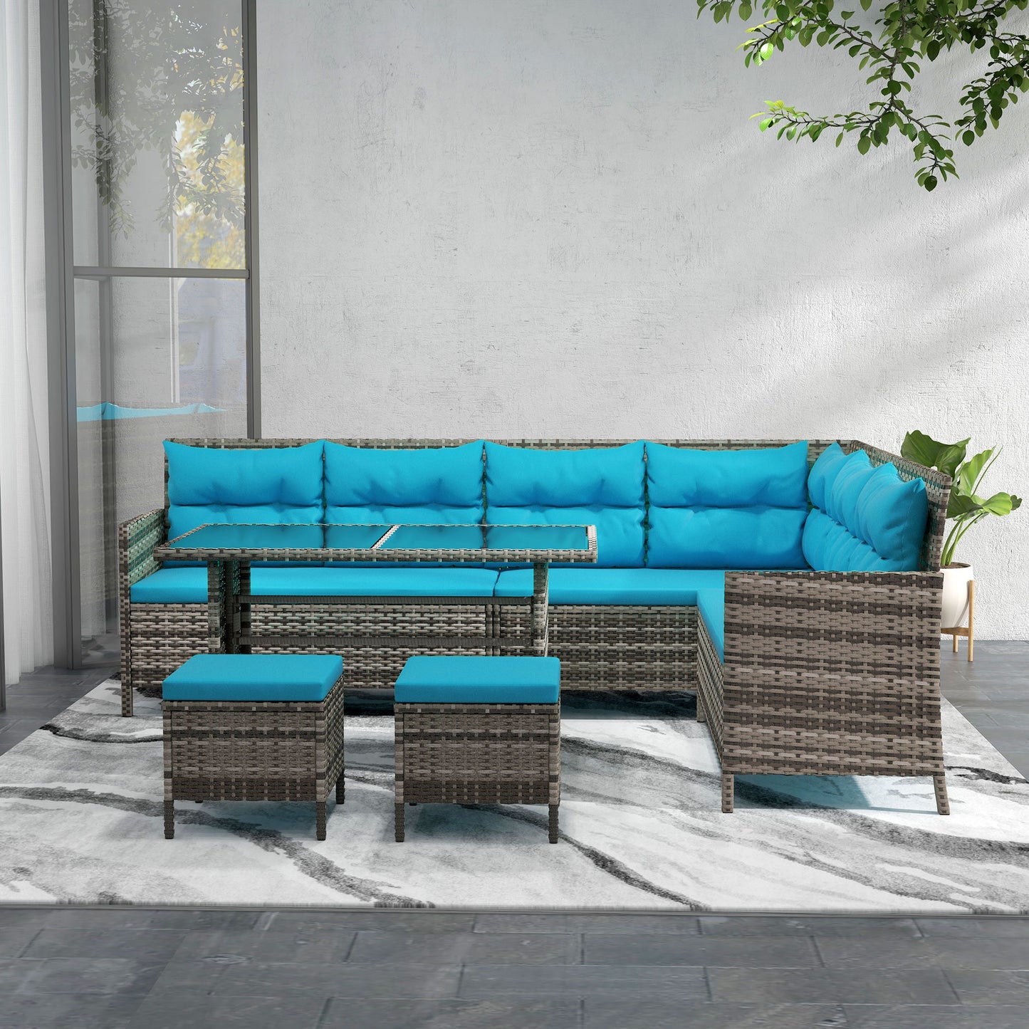 6pcs Outdoor Rattan Sofa Set Garden Wicker Sectional Couch Furniture Set with Dining Table and Chair Sky Blue