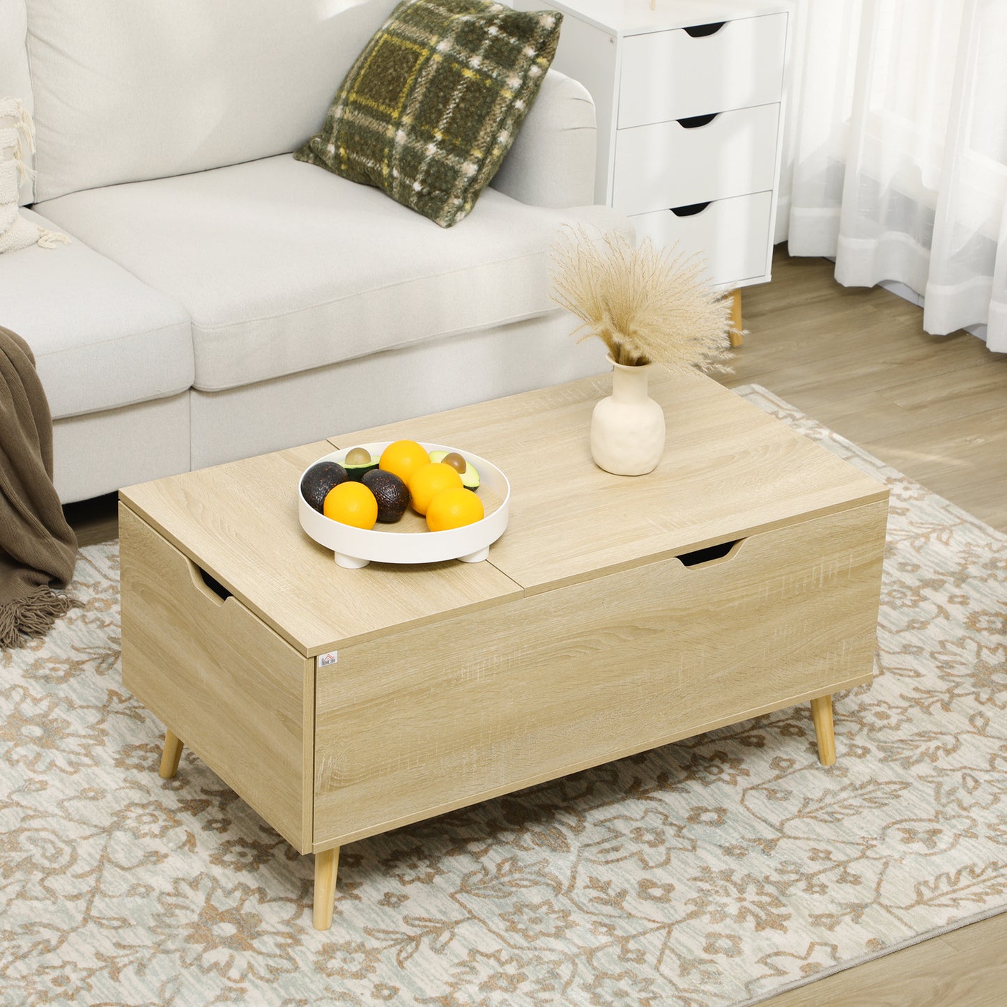 Coffee Table with Wood Legs, Lift Top Coffee Table with Drawer, Hidden Compartment, 38.6" x 21.3" x 18.9", Natural