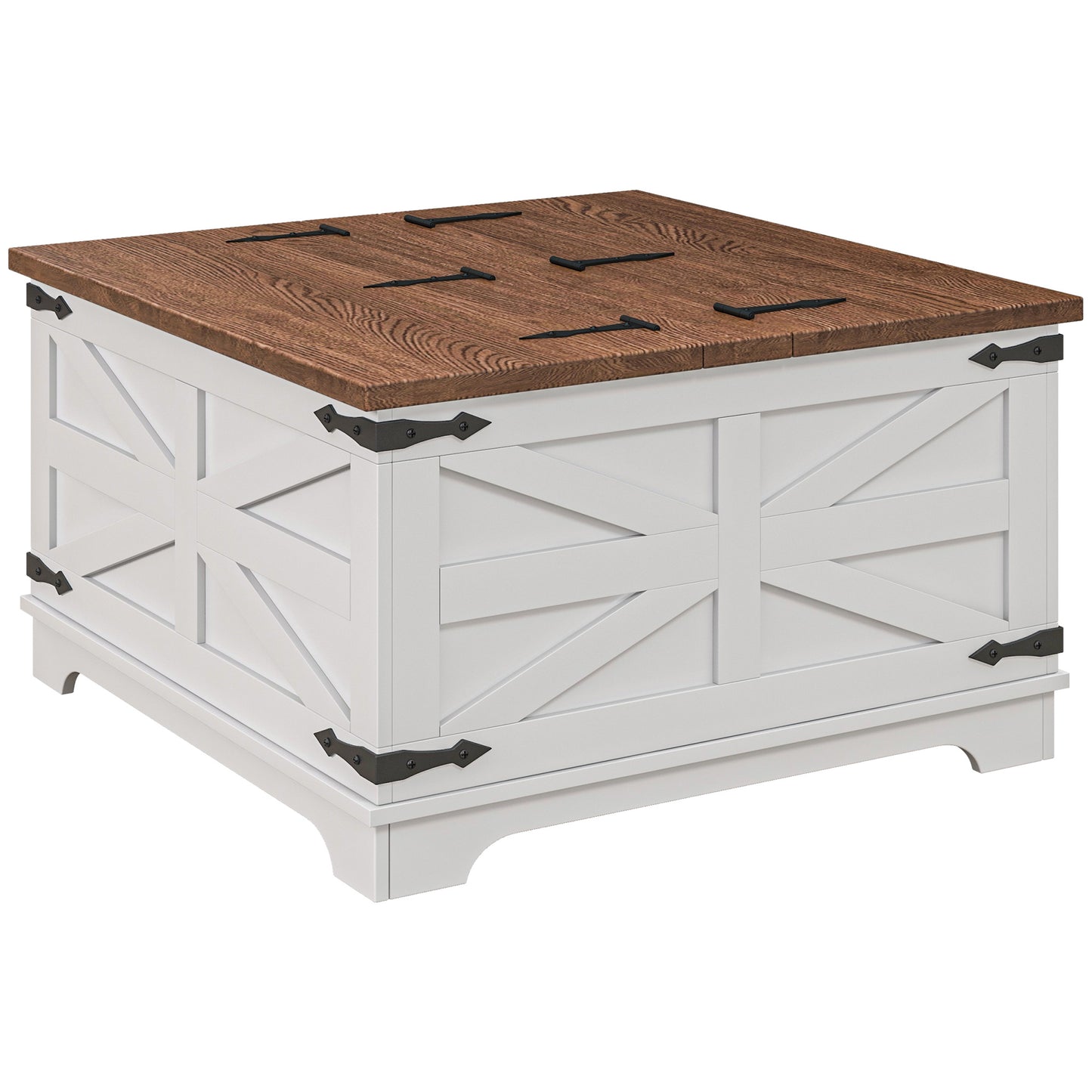 Farmhouse Coffee Table, Square Center Table with Flip-top Lids, Hidden Storage Compartment, White