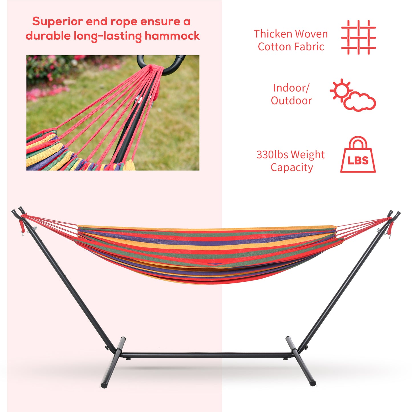 Patio Hammock with Stand, Fabric Outdoor Hammock Bed with Stand, Free Standing Adjustable Lounge Chair Includes Portable Carrying Case for Outdoor or Indoor