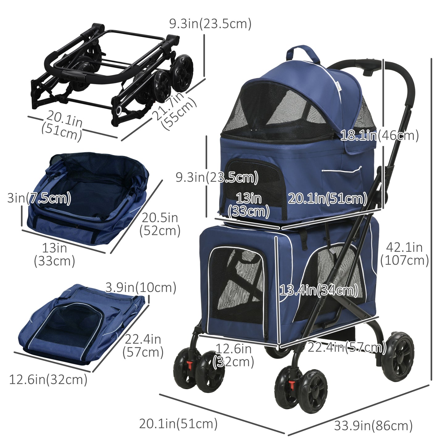 3-in-1 Double Pet Stroller for Small Miniature Dogs Cats with Removable Carrier, Foldable Travel Carrier Bag, Car Seat, Blue