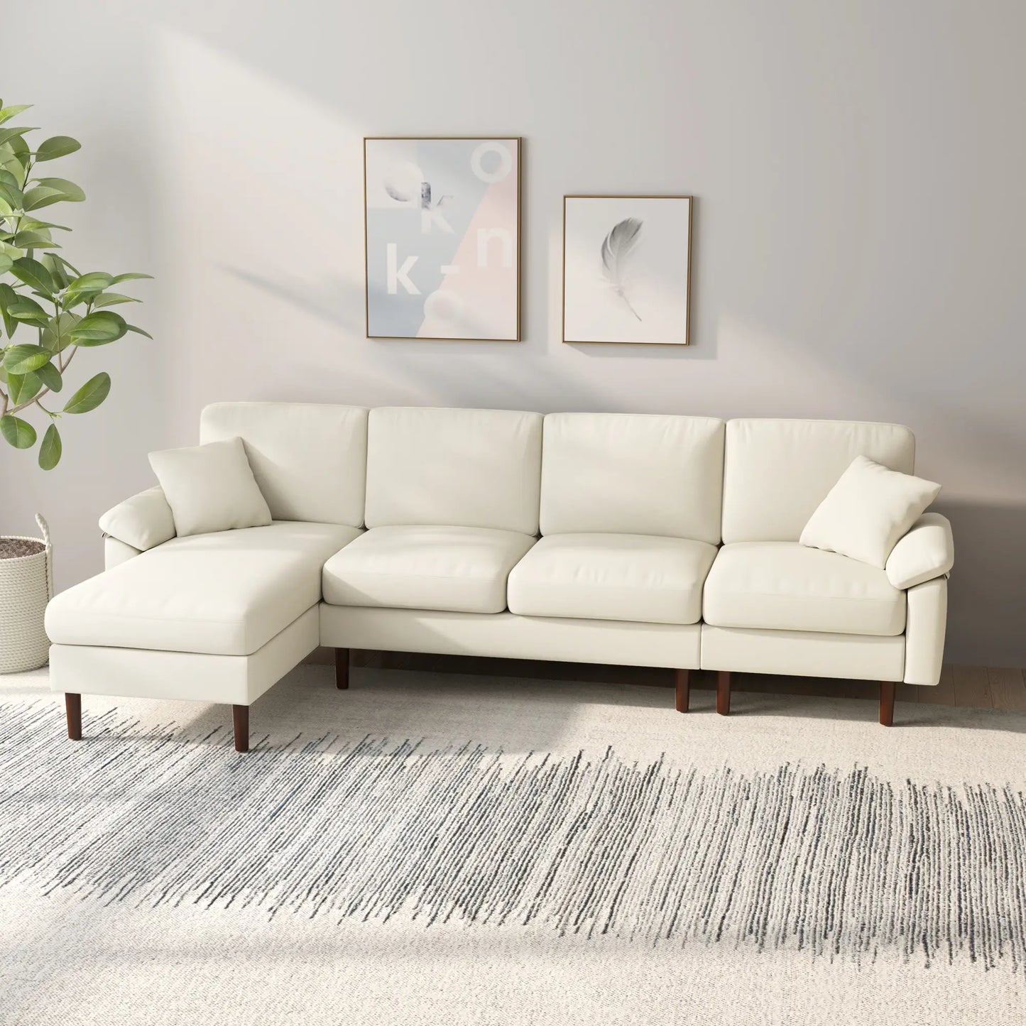 Modern Sectional Couch with Changeable Chaise Lounge, Pillows and Wooden Legs for Living Room, Cream White