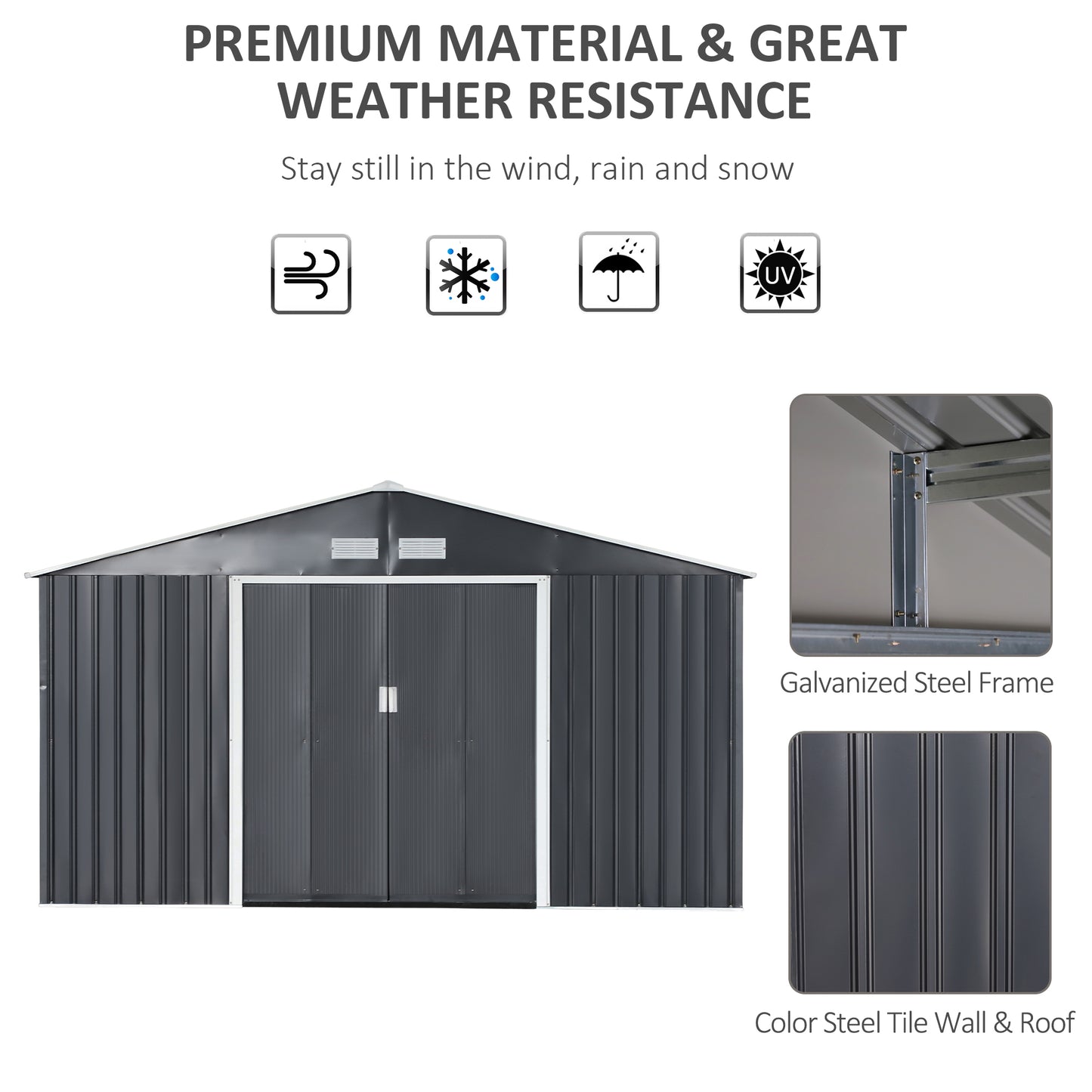 Outsunny 11.2ft x 12.5ft Practical Backyard Garden Storage Tool Shed 4 Ventilation Slots Double Sliding Door, Grey