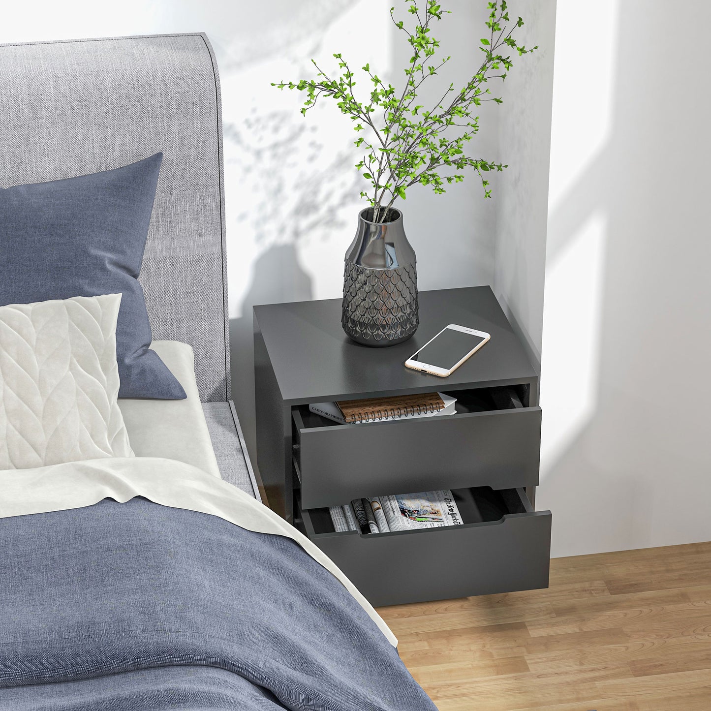 Modern Nightstand, Night Table with 2 Drawers, Bed End Table with Solid Wood Legs for Bedroom