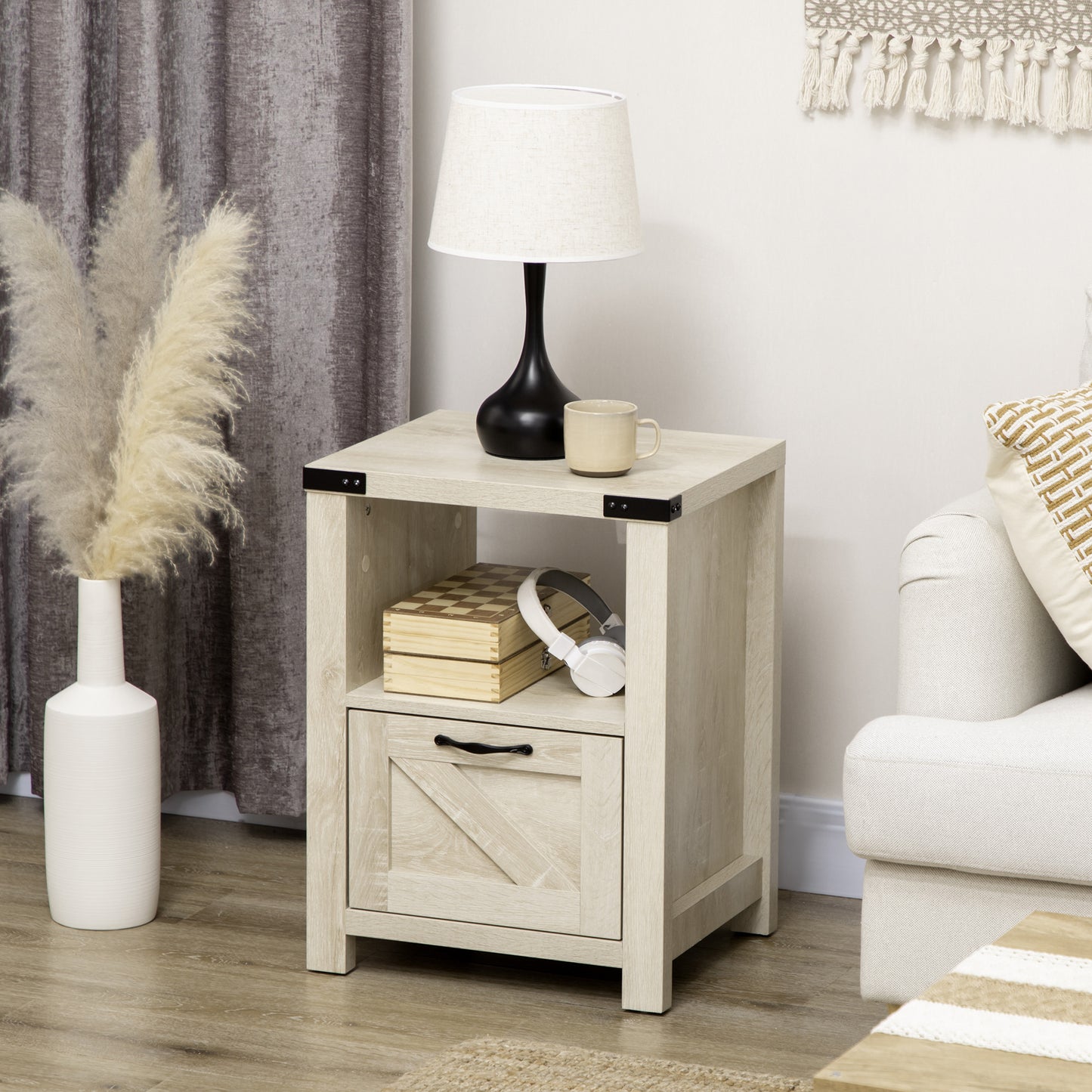 Side Table with Storage, Farmhouse End Table with Drawer, Open Shelf and Barn-style Panel, Accent Table for Living Room, Bedroom, Oak