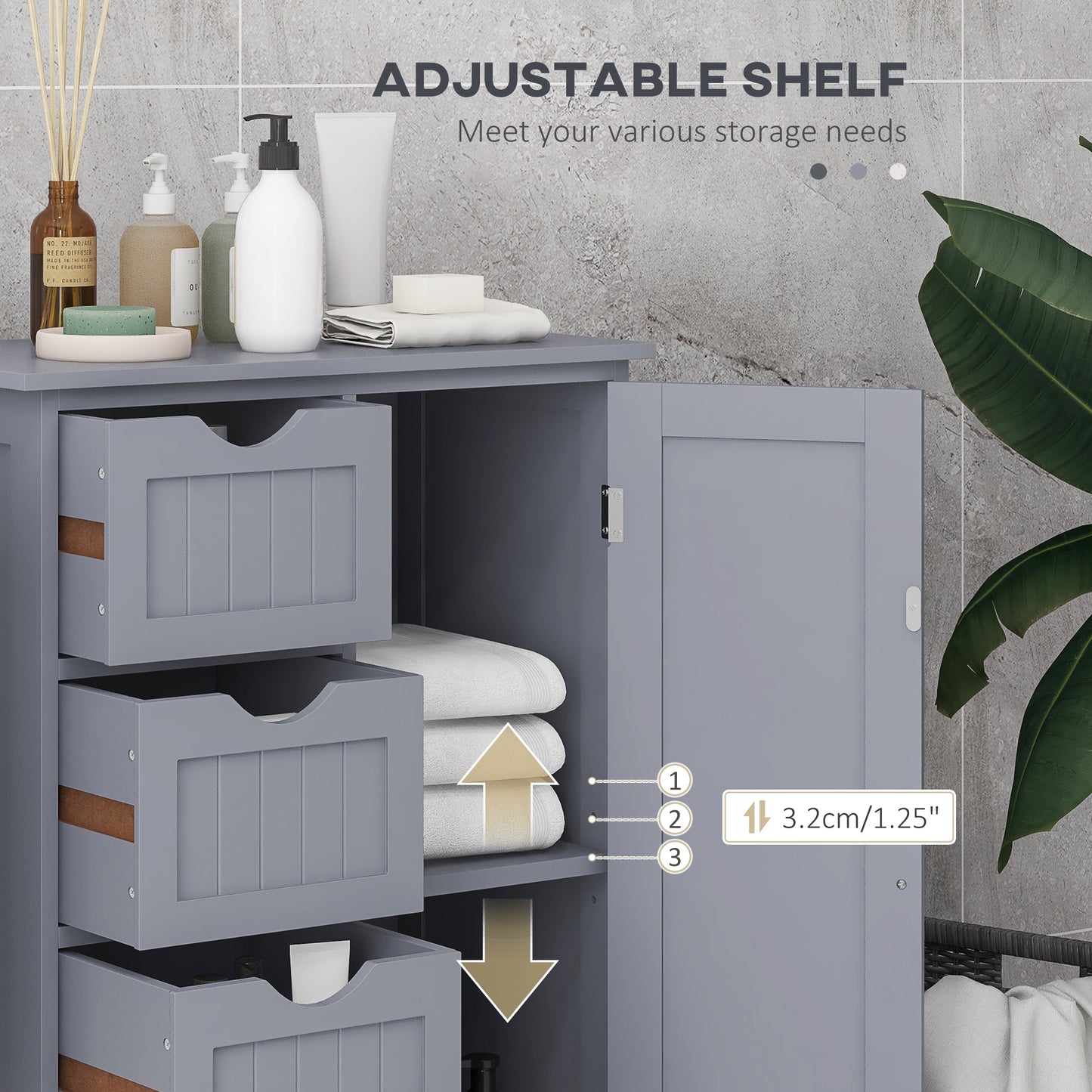 Bathroom Storage Cabinet with Adjustable Shelf and 4 Drawers, in Grey