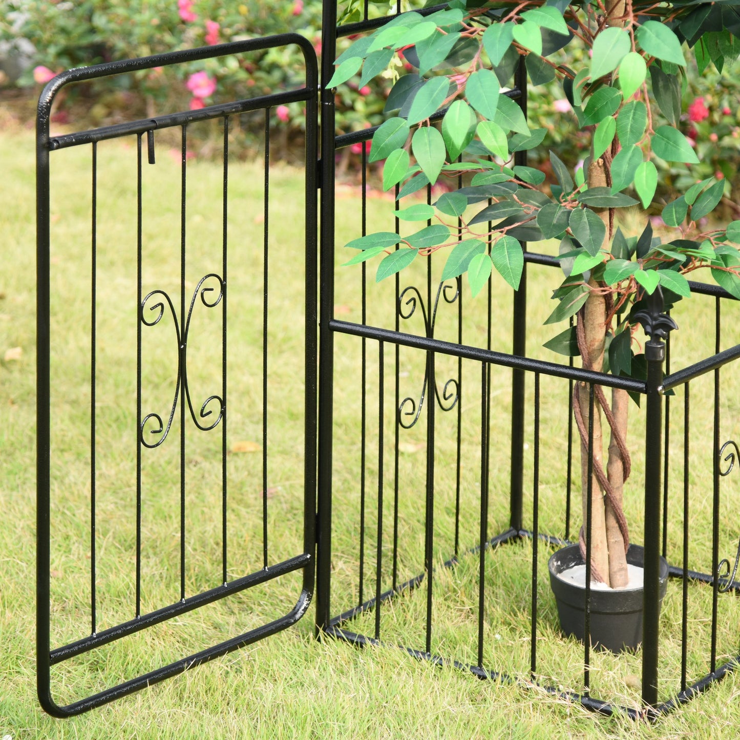 87" Metal Garden Arbor Arch with Double Doors, 2 Side Planter Baskets, Climbing Vine Frame, Black