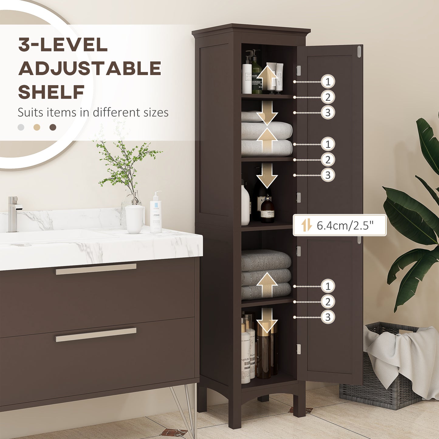 Tall Bathroom Cabinet, Freestanding Storage Organizer with Adjustable Shelves and Cupboards, 15" x 13" x 63", Dark Brown