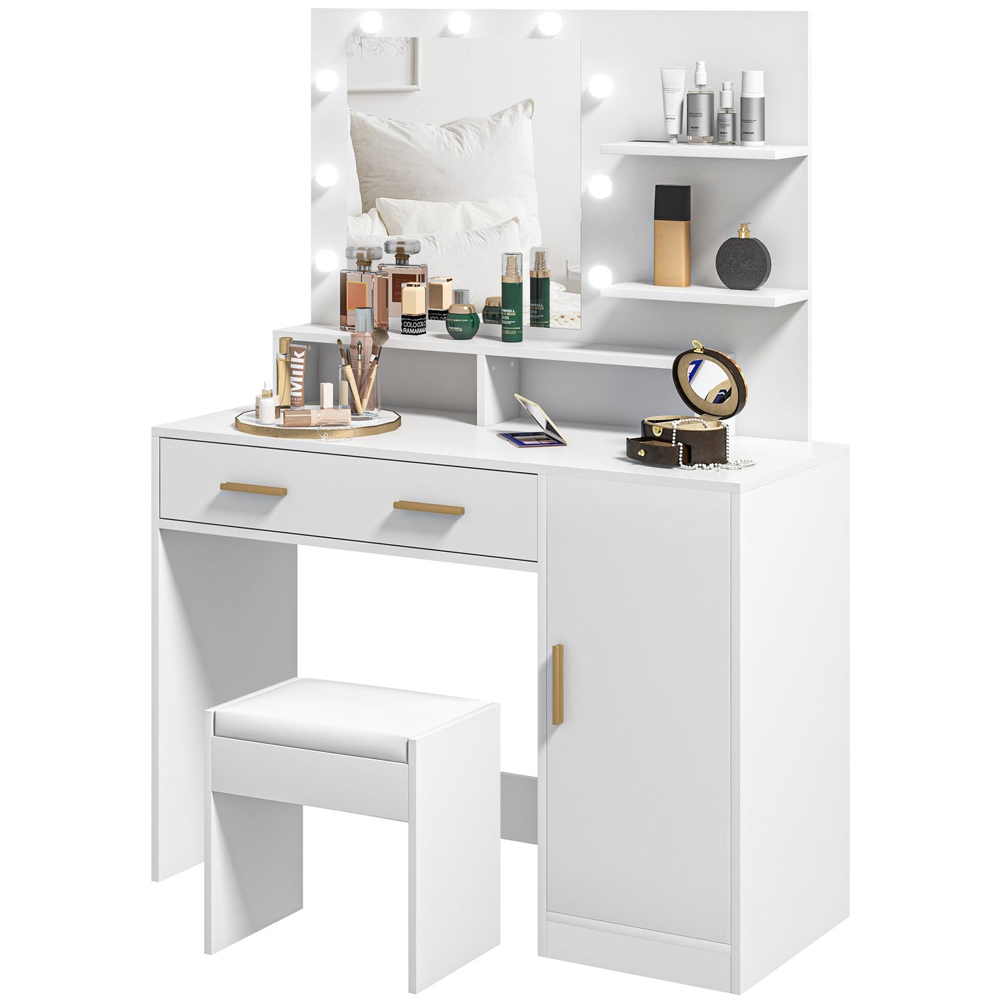 Illuminated Dressing Table Set, LED Vanity Table Set with Stool, LED Mirror, Drawer and Cabinet Shelves for Bedroom