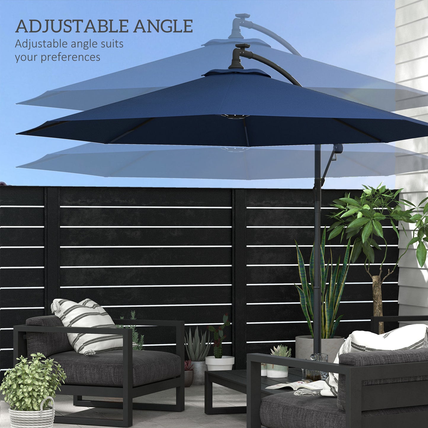 10ft Outdoor Cantilever Hanging Offset Umbrella with Solar LED Lights, Crank, Cross Base, Aluminum Frame, Blue