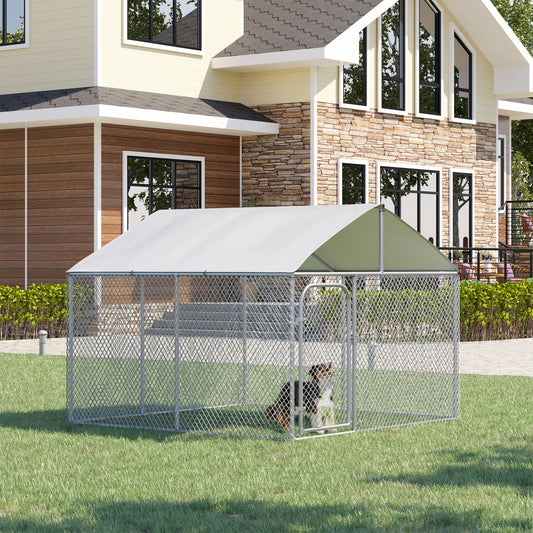 Dog Kennel Outdoor Run Fence with Roof, Steel Lock, Mesh Sidewalls for Backyard & Patio, 9.8' x 9.8' x 7.7'