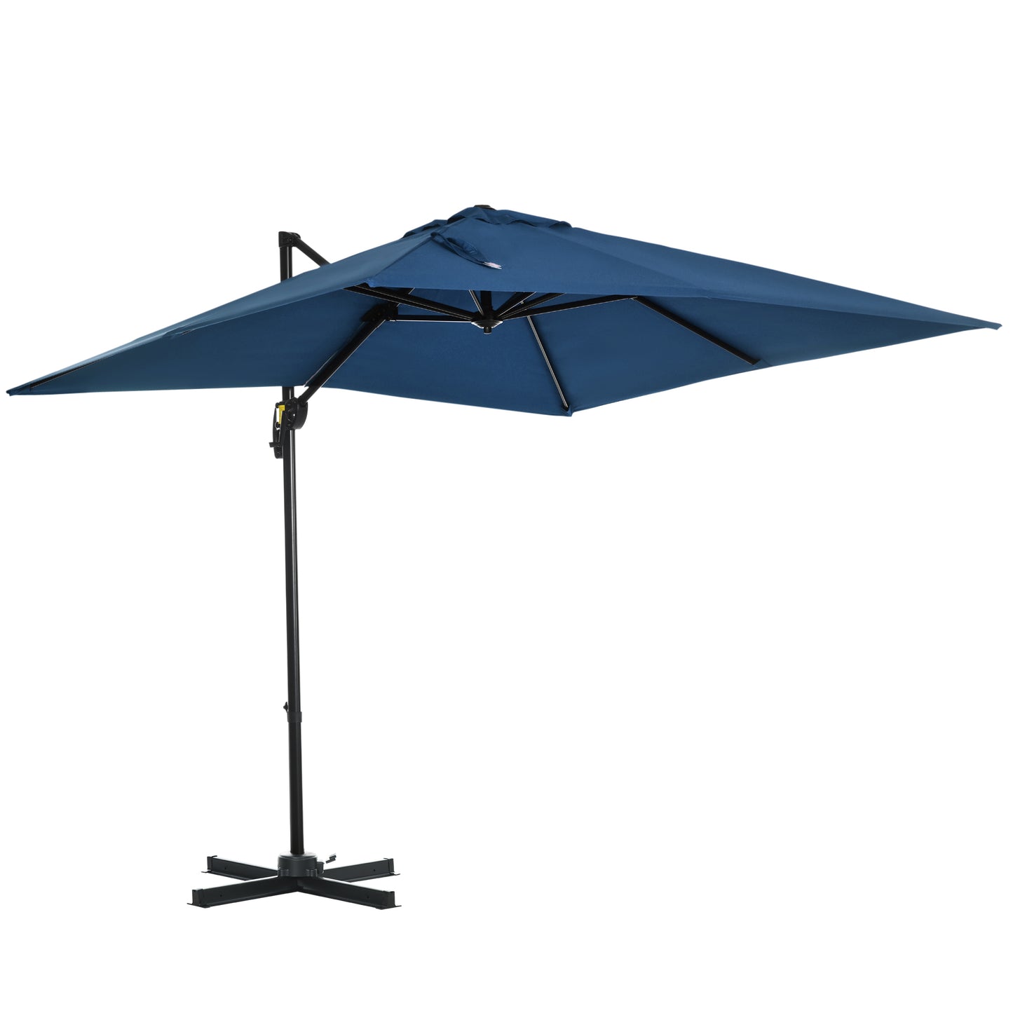 Outsunny 8' x 8' Square Patio Hanging Offset Umbrella with 360° Rotation, Aluminum Outdoor Cantilever Market Parasol with Crank & Tilt, Garden Sun Canopy Shelter with Cross Base, Dark Blue