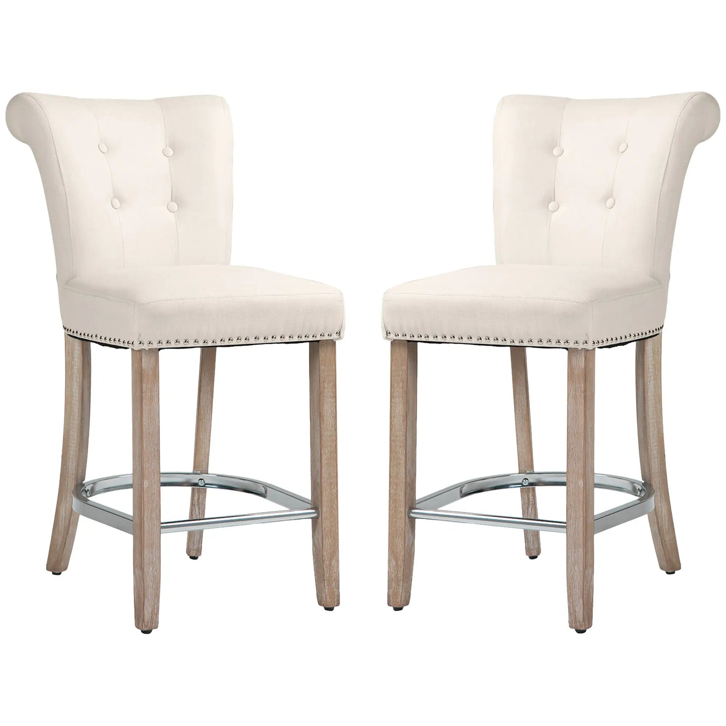 Bar Stools Set of 2, Upholstered Counter Height Stools with Button Tufted Back, Wood Legs and Footrest, in Cream White