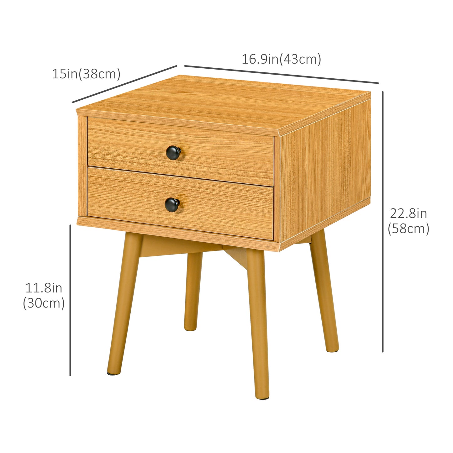 Mid-Century Bedside Table, Side End Table with 2 Drawers for Bedroom ( IN SET OF 2)