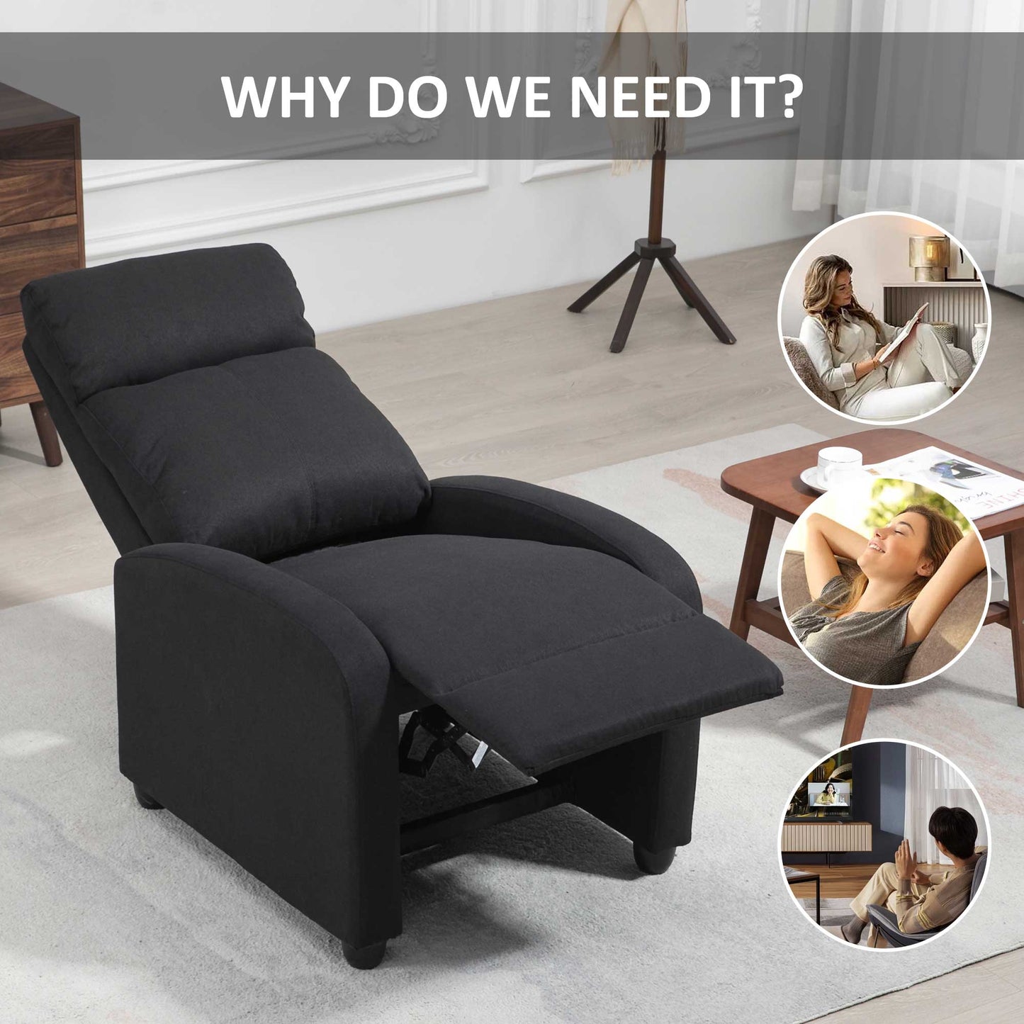 Fabric Recliner Chair, Manual Home Theater Seating, Single Reclining Sofa Chair with Padded Seat for Living Room, Black