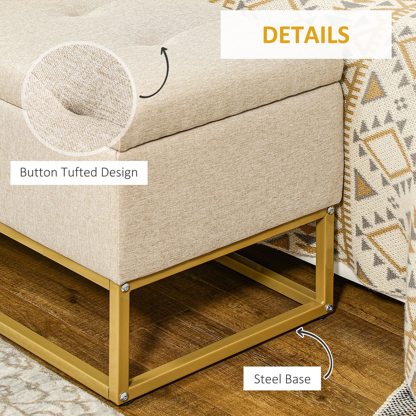 Storage Ottoman with Flip Top, Upholstered Storage Bench, Linen Fabric Footstool with Steel Legs for Living Room, Bedroom, Beige