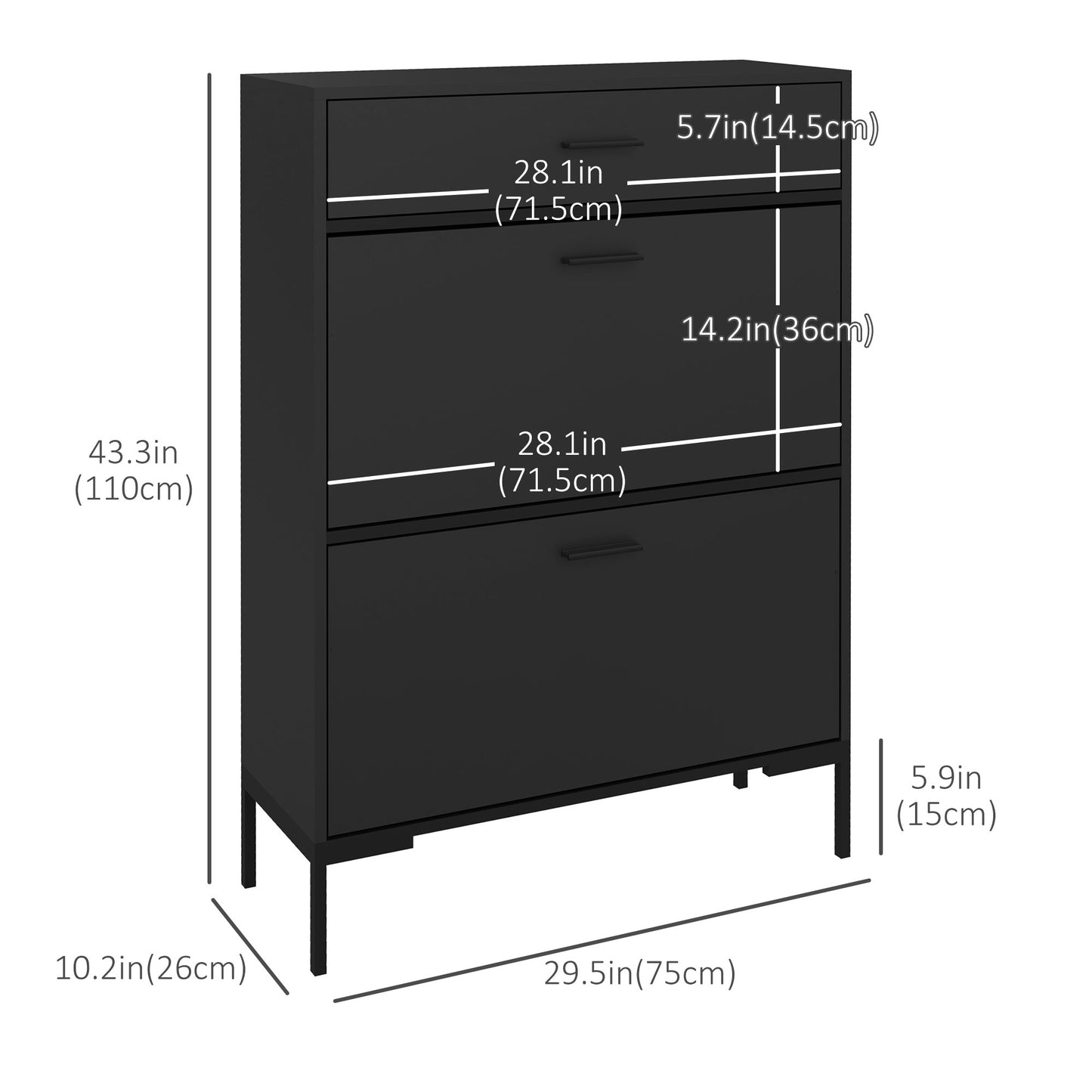 Modern Shoe Cabinet Storage 12 Pair Shoe Organizer with 2 Flip Doors Drawer and Adjustable Shelf Black