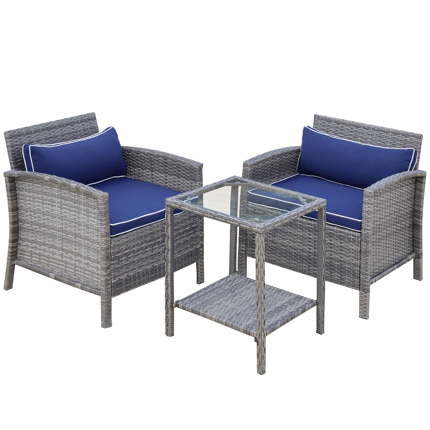 3 Pieces Patio Wicker Coffee Table Set Bistro Conversation Furniture with Cushion for Patio Yard Porch Blue