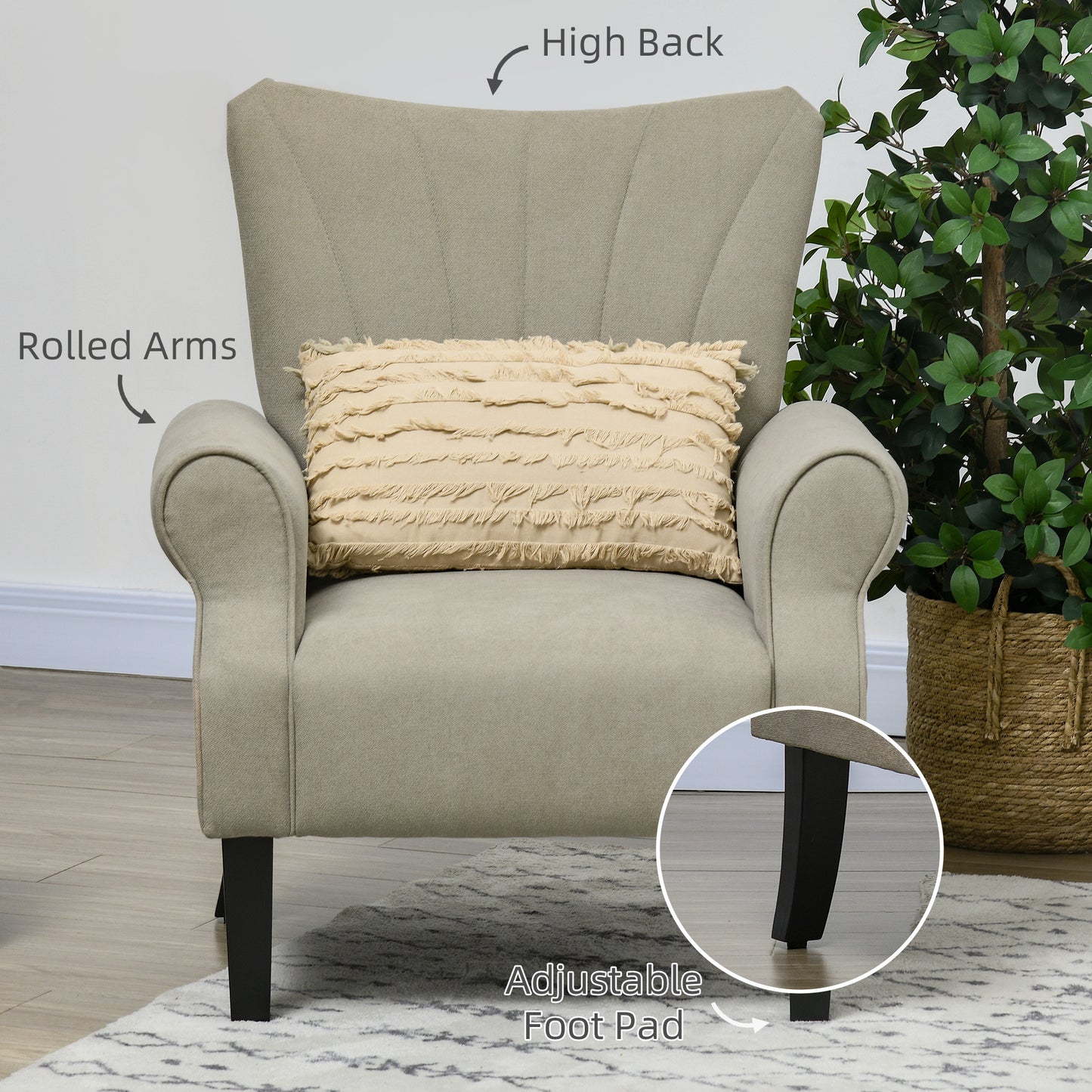 Fabric Armchair, Modern Accent Chair with Wood Legs for Living Room, Bedroom, Home Office, Beige