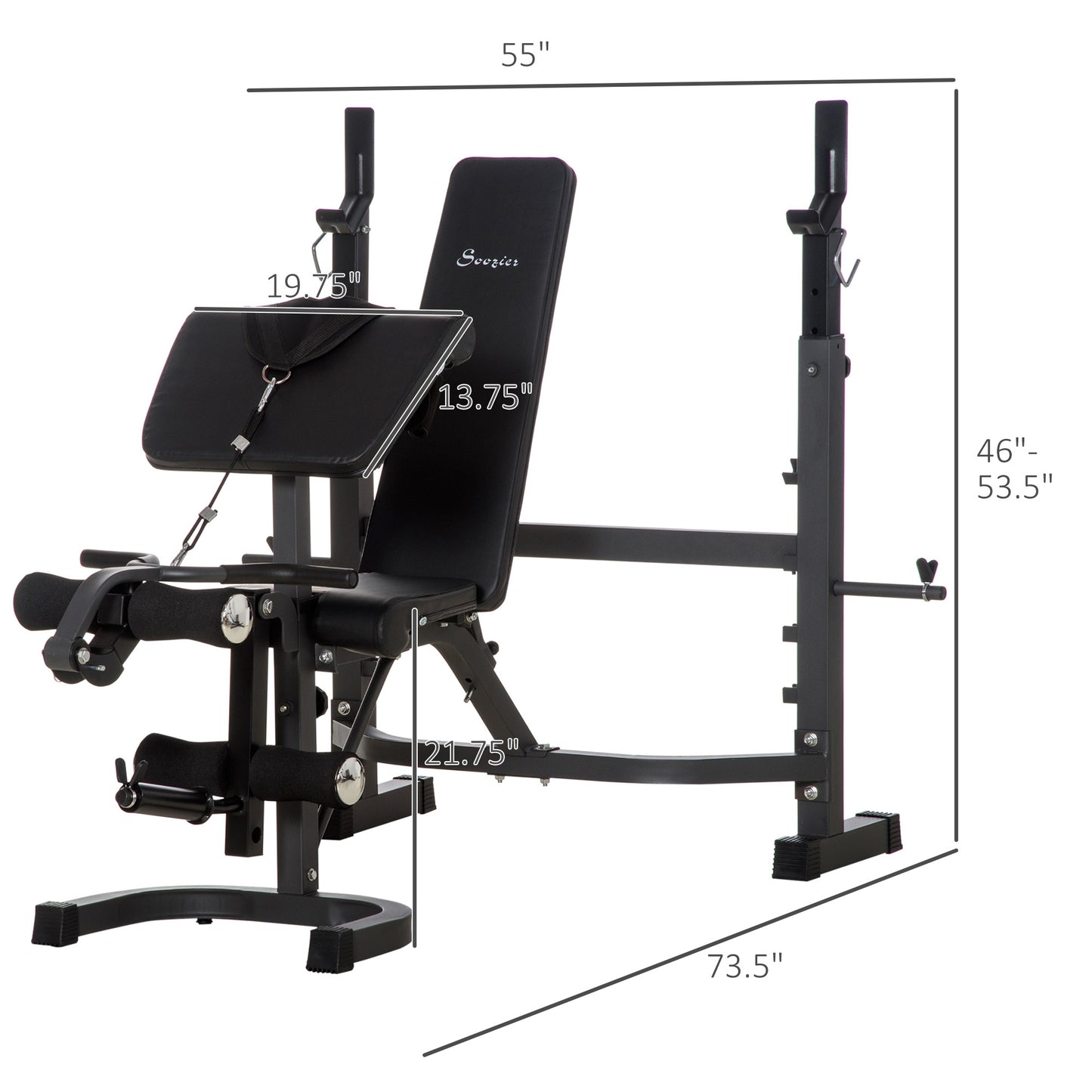 Soozier Weight Bench Stand with Squat Rack, Adjustable Olympic Bench, Multifunctional Arm Curl Pad, Leg Extension, Grey