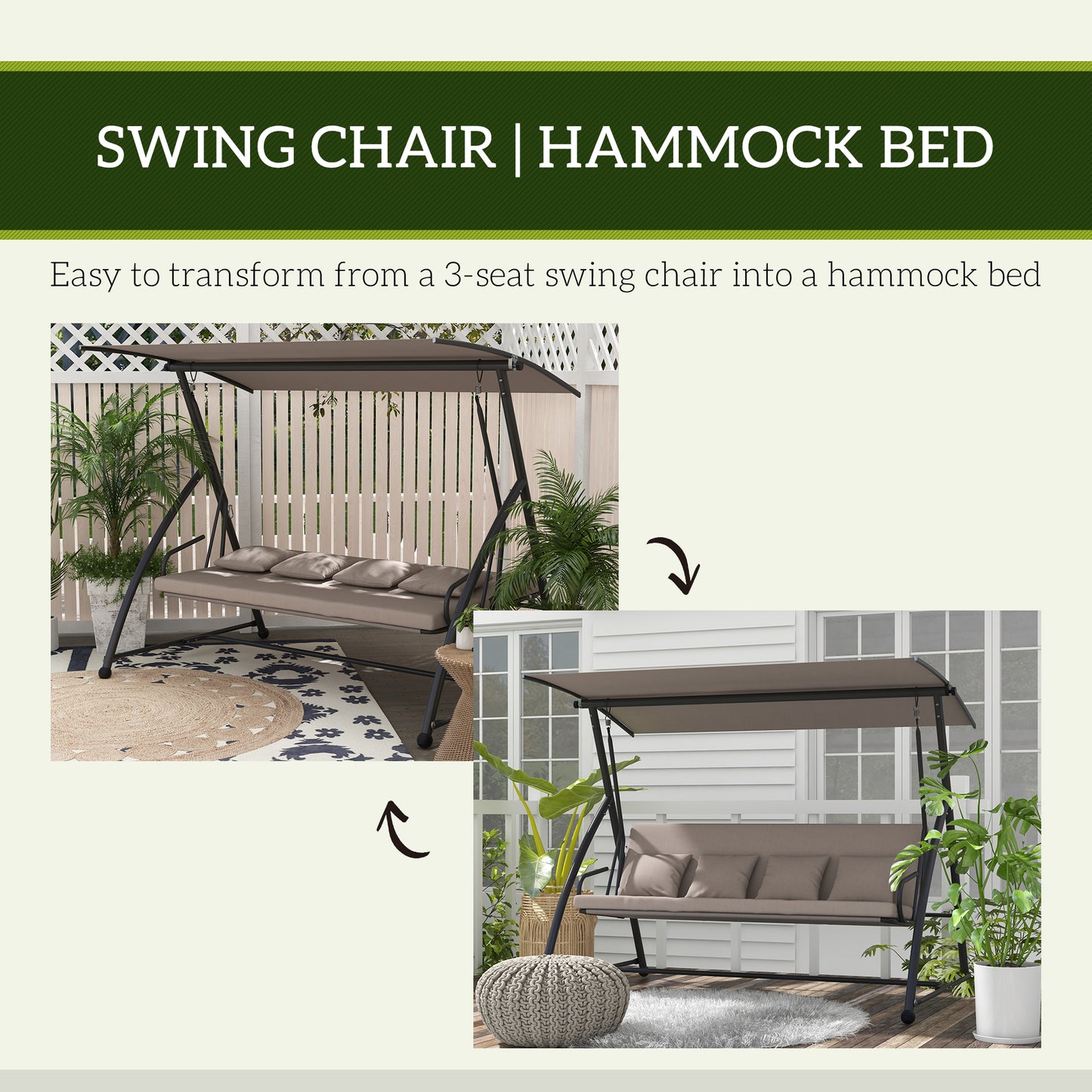 Outsunny 3 Seater Porch Swing Convertible Swing Chair Bed Cushioned Light Brown