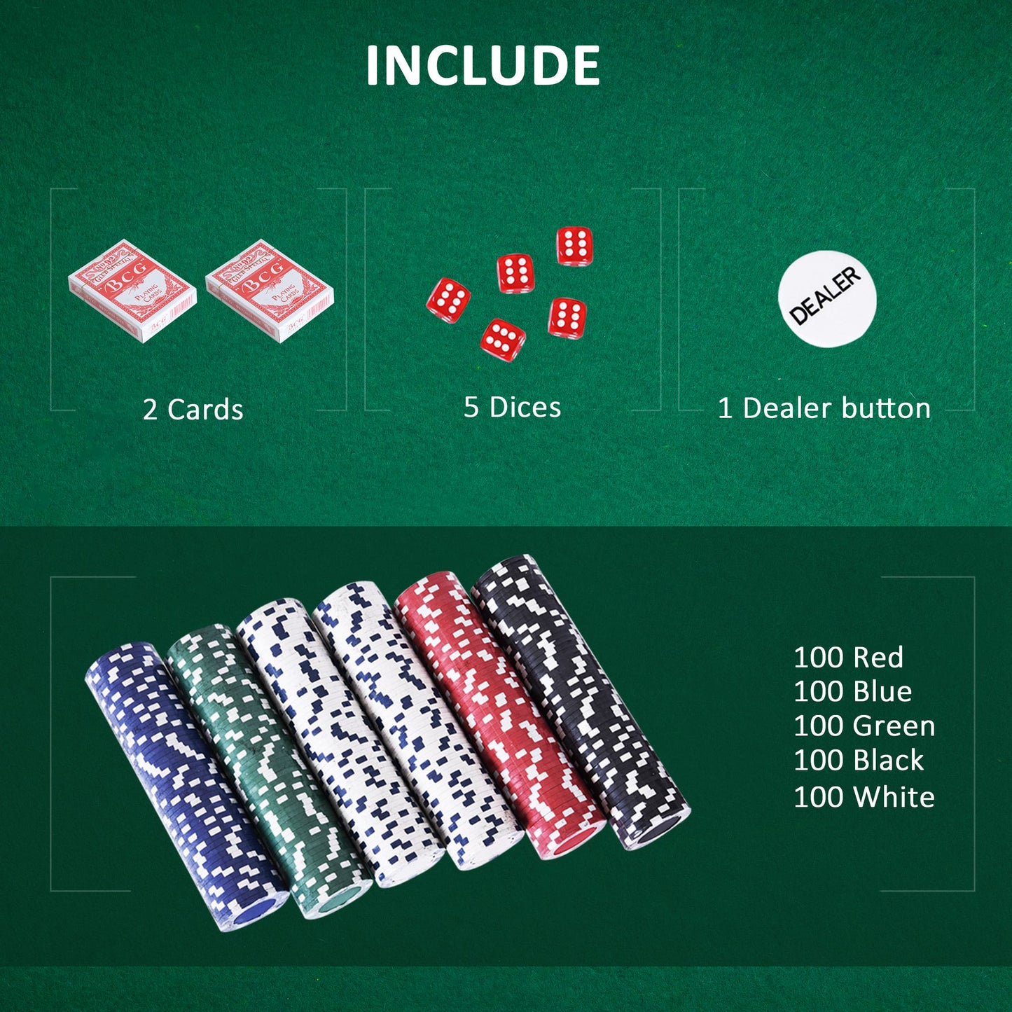 High Quality 11.5 gram Poker Chips Set with Silver Aluminum Case, 500 Striped Dice 2 Decks of Cards