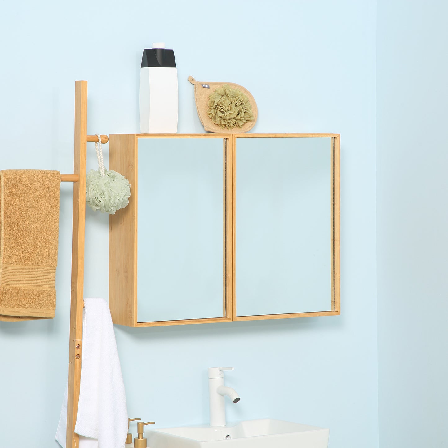 kleankin Bamboo Wall-Mounted Bathroom Medicine Cabinet with Mirror, Over Toilet Bathroom Cabinet Natural