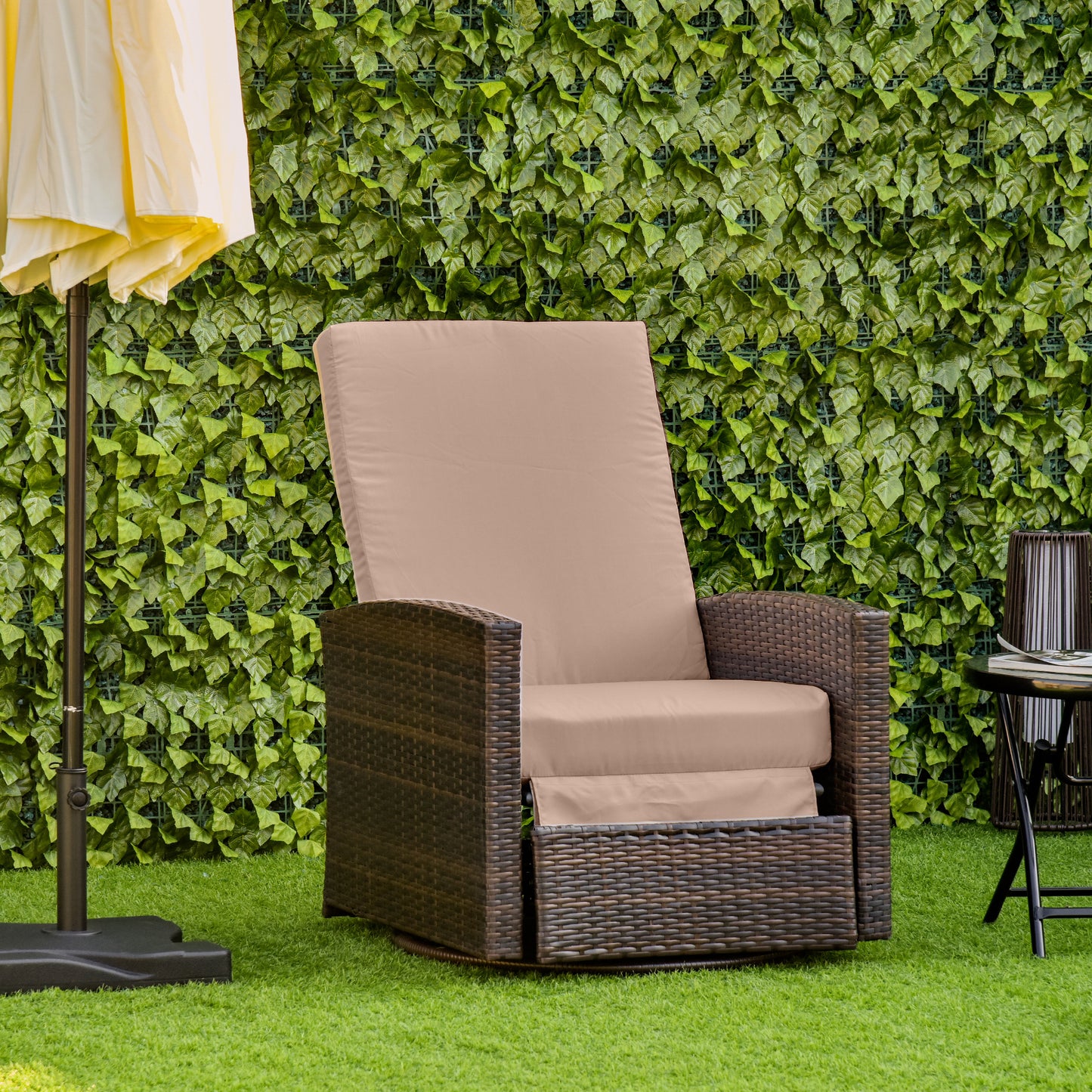 Outdoor Recliner Chair Rattan Swivel Chair, Wicker Sofa with Footrest & Soft Cushion, Khaki & Brown