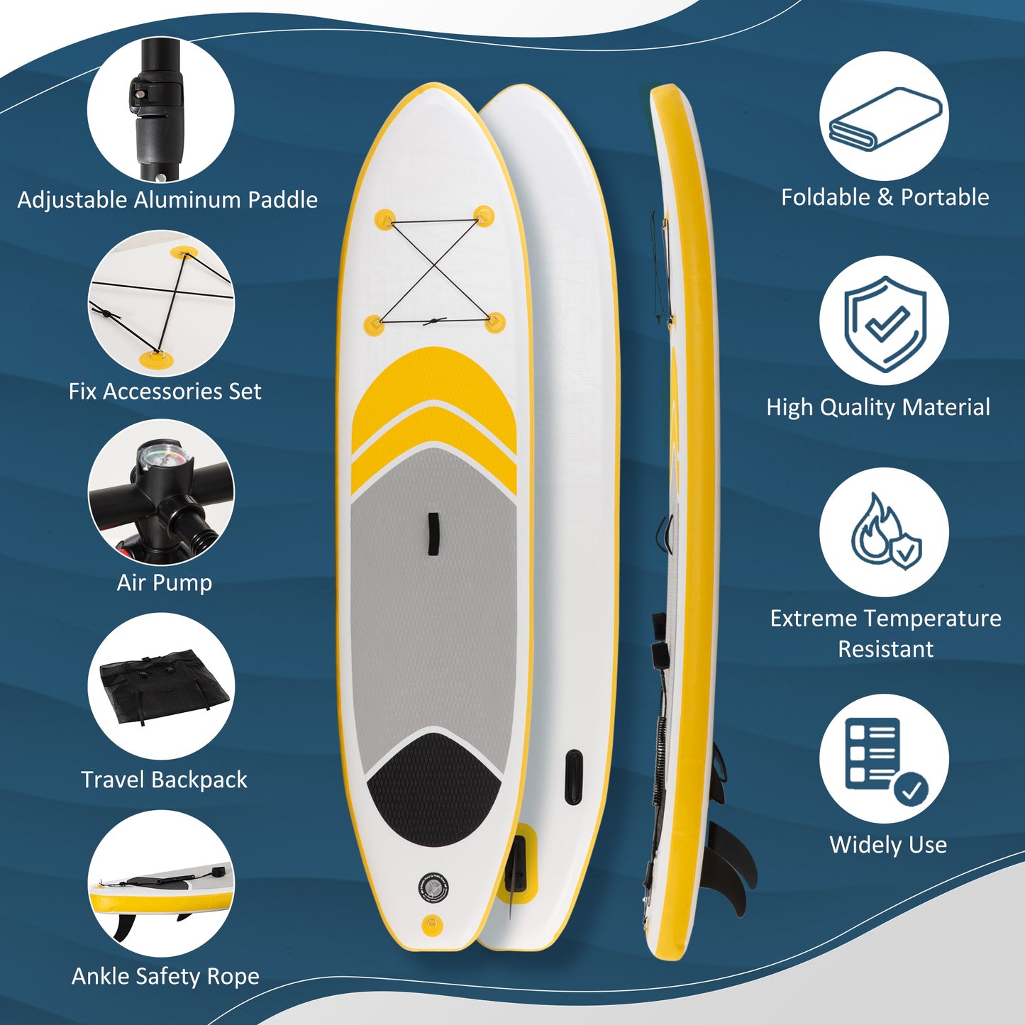 Inflatable Paddle Board, Stand Up Paddle Board Adjustable Aluminum Paddle Non-Slip Deck Spray-painted Board, with ISUP Accessories & Carry Bag, 10'5'' x 30" x 6", Yellow