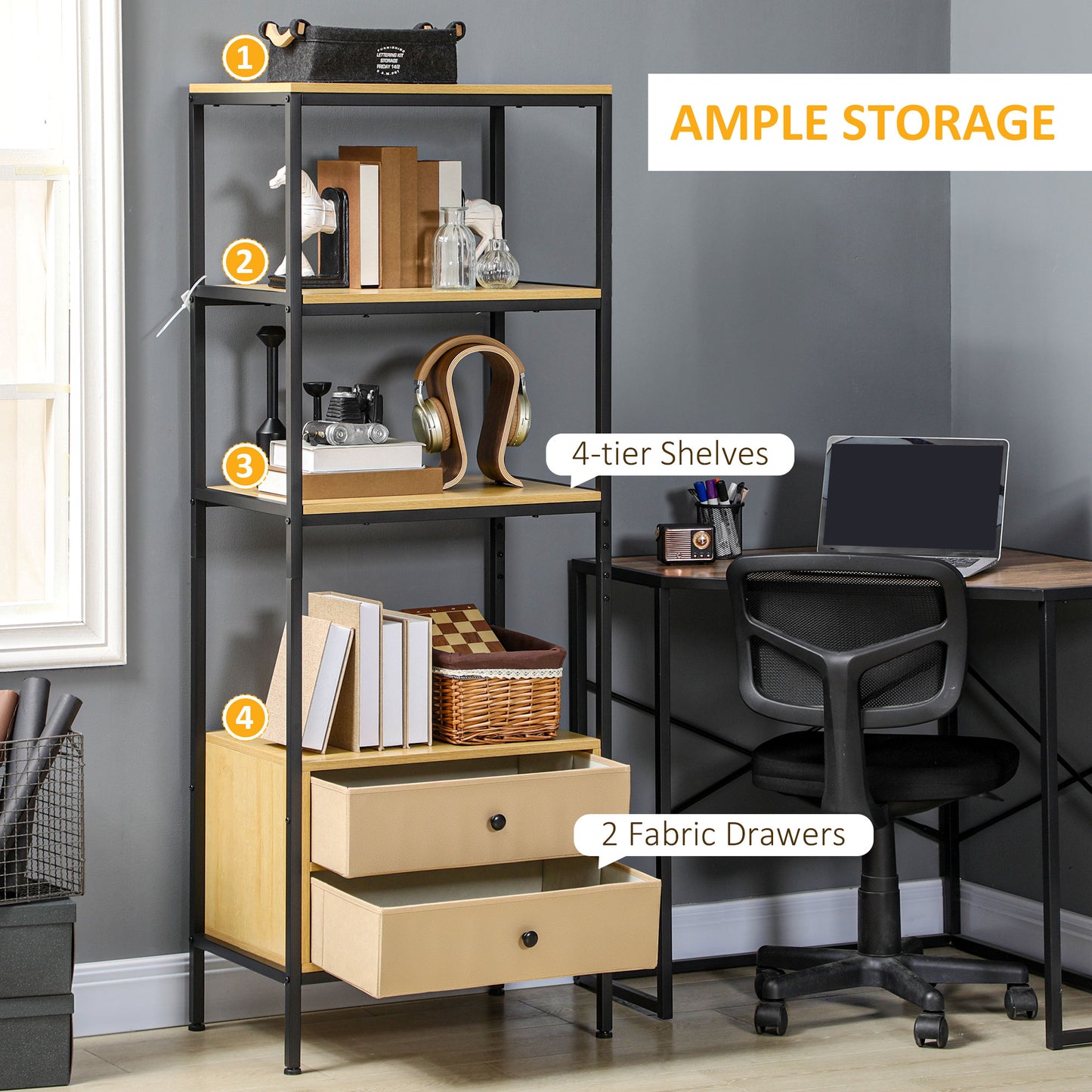 4-tier Storage Shelving Unit with 2 Fabric Drawers, Modern Bookshelf with Open Shelves for Living Room, Home Office, Bedroom,