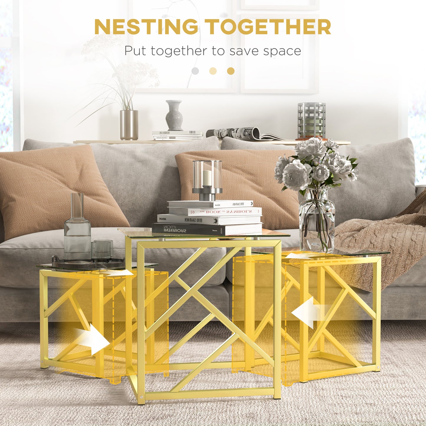 Glass Top Coffee Table, Set of 3, Nesting with Tempered Glass Top and Steel Frame, Gold