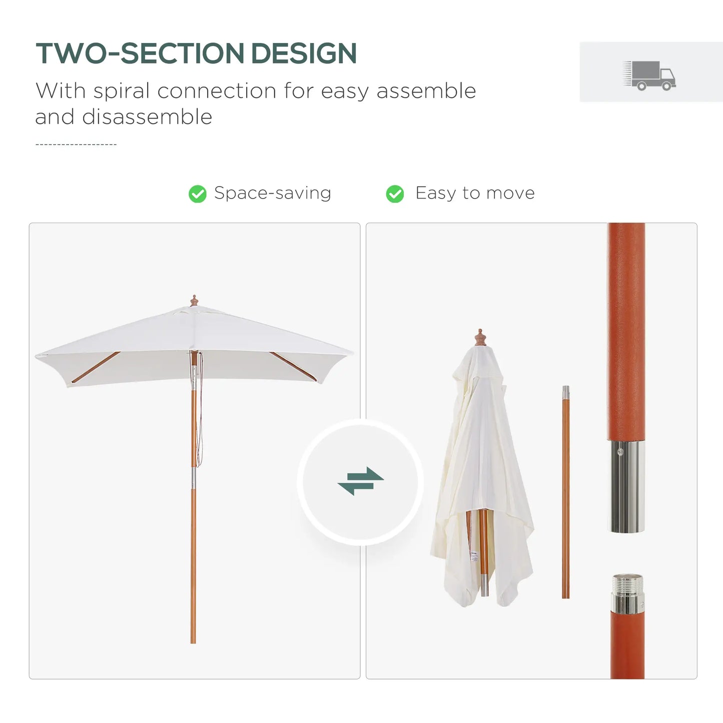 6.6x5ft Fir Wooden Patio Umbrella with Tilt Mechanism 6 Ribs Garden Sunshade, inCream White