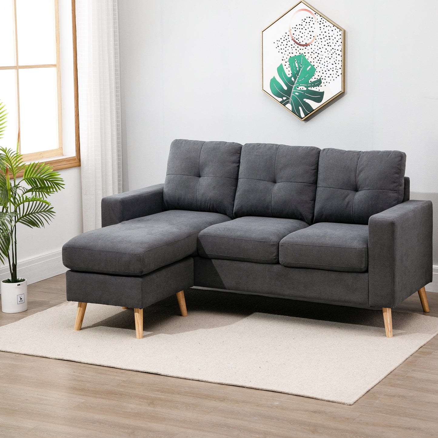 Sectional L Shaped Sofa Couch with Reversible Chaise, Wooden Legs. Great for small spaces, Living Room or Bedroom. In Dark Grey