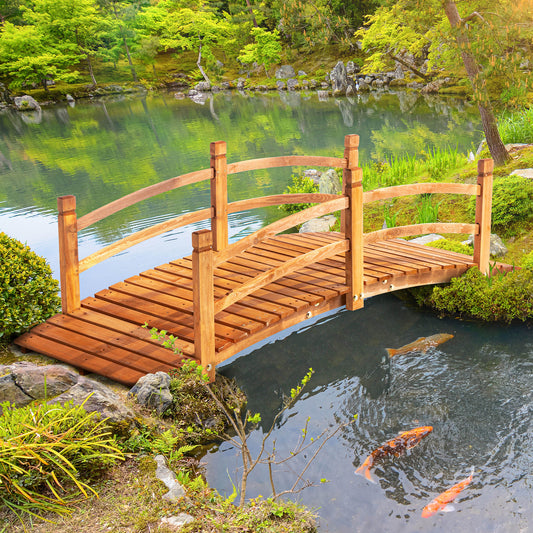 6FT Wooden Garden Bridge Classic Arc Footbridge with Guardrails for Stream Pond Walkway, Orange