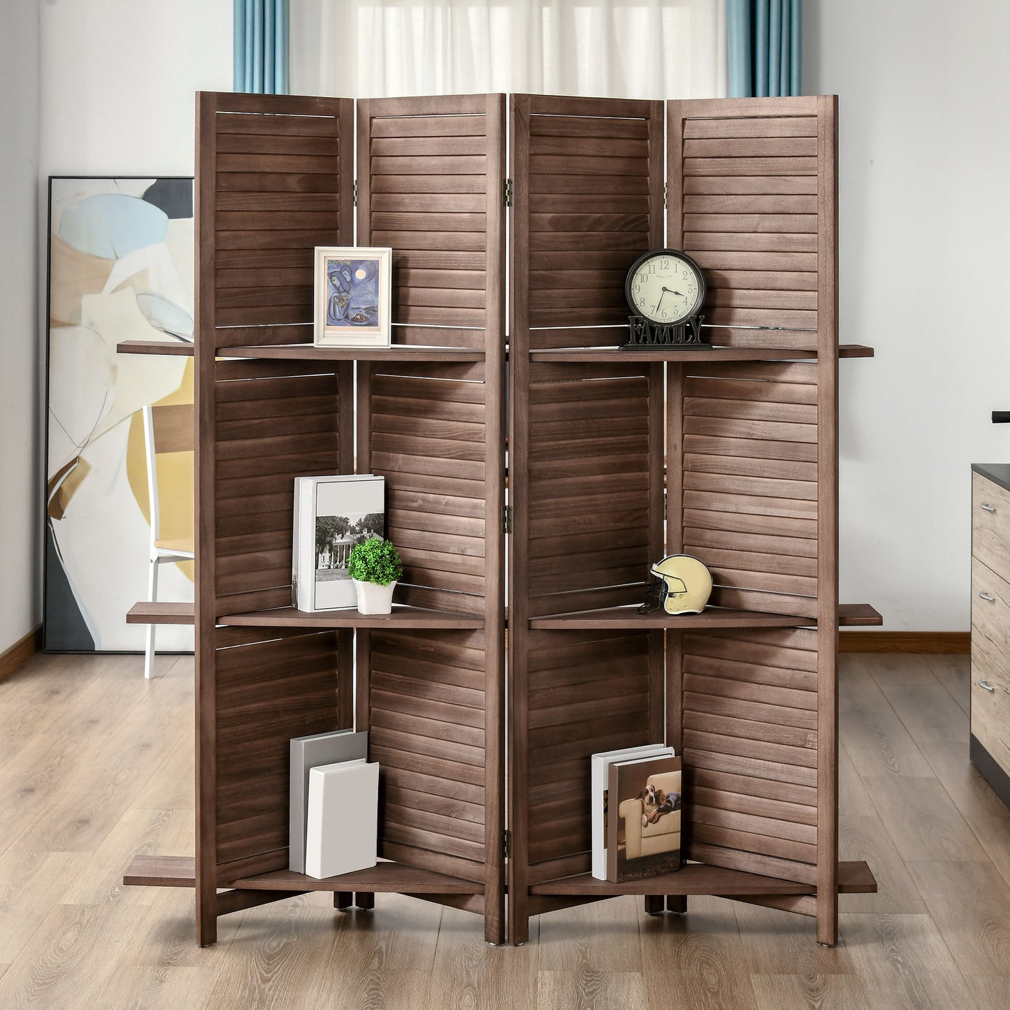 5.6' 4 Panel Room Divider, Folding Wall Divider, Indoor Privacy Screen for Home Office, Walnut Brown