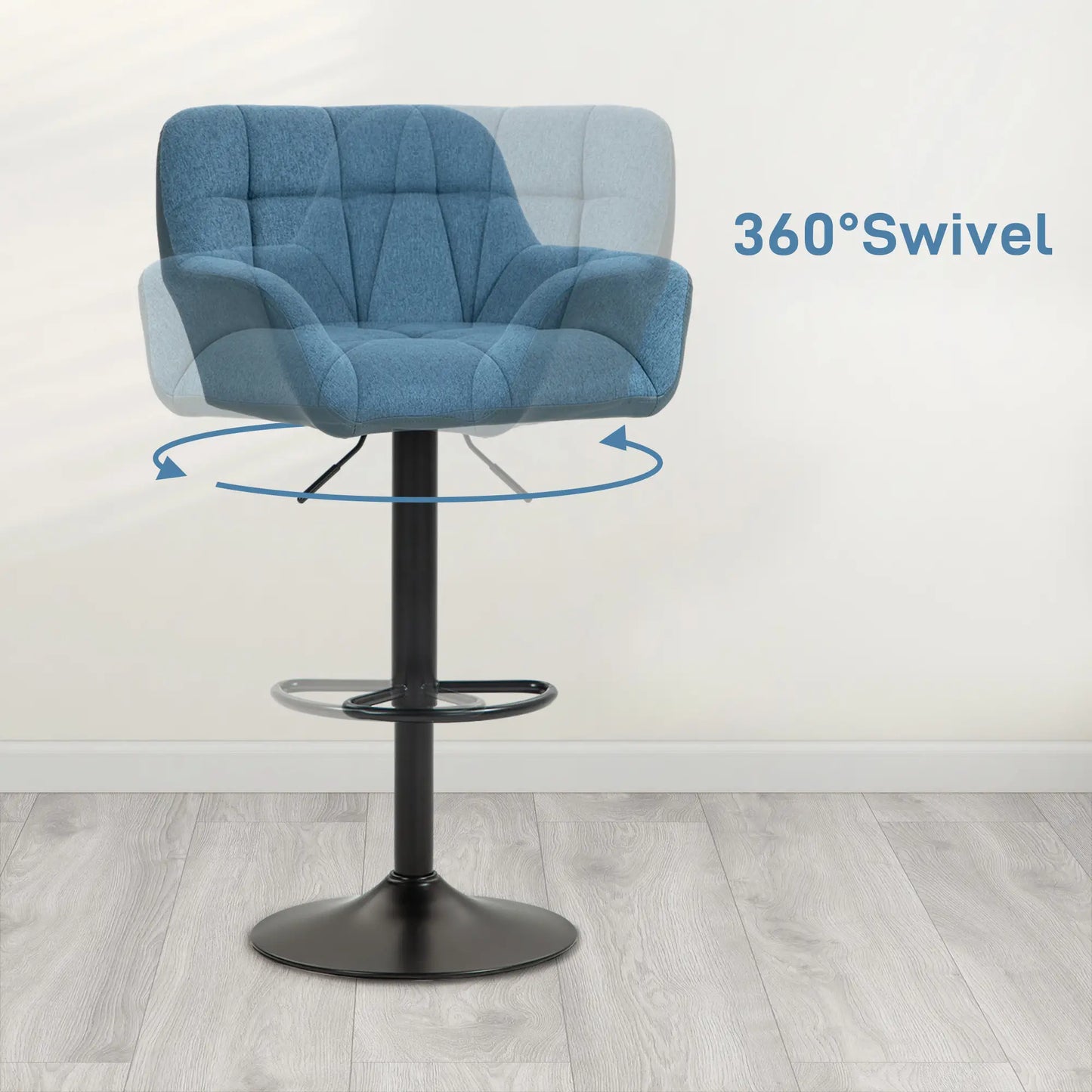 Swivel Barstools Set of 2 Adjustable, Footrest Armrests and PU Leather Back in Dark Blue