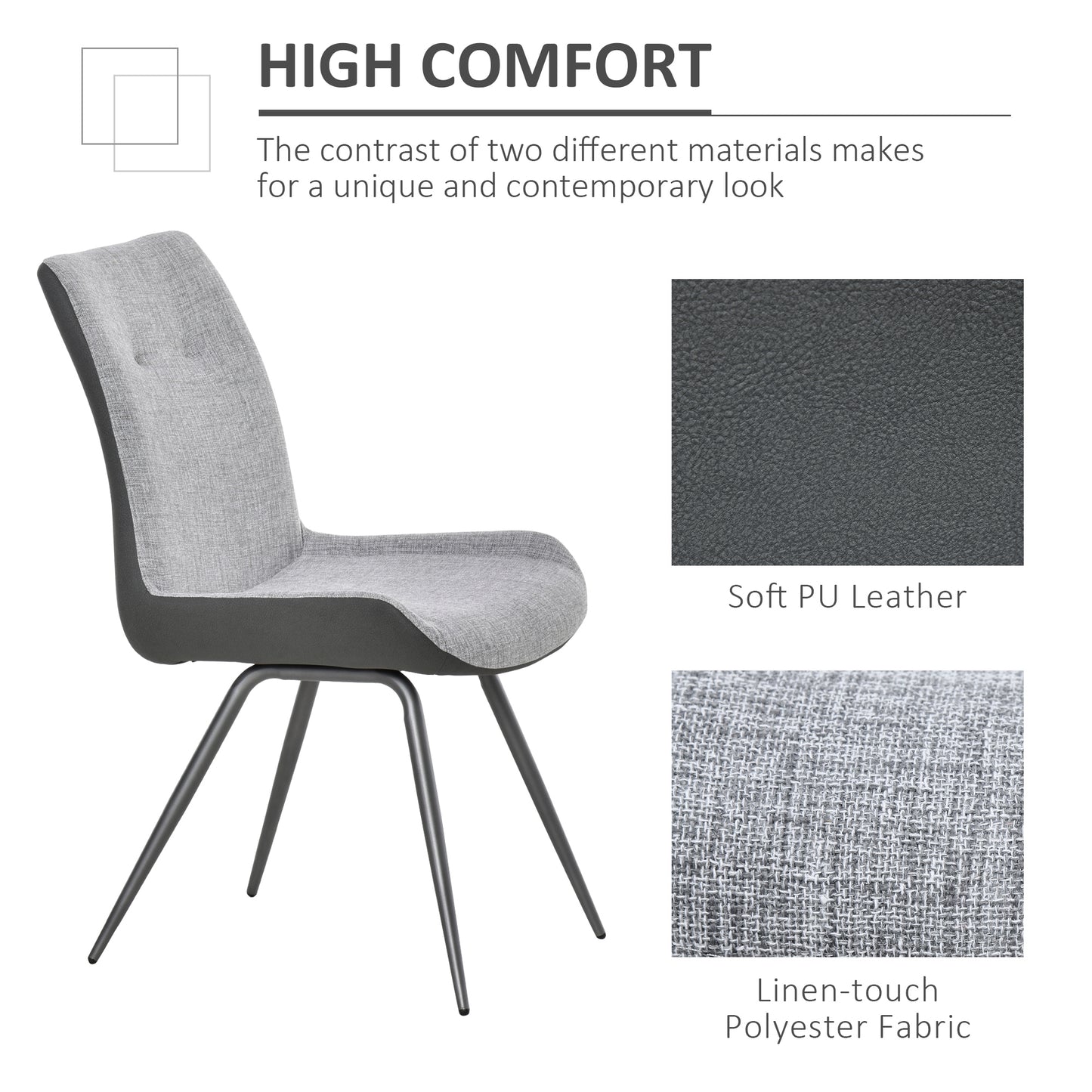 Modern Dining Chairs Upholstered Fabric and PU Leather Accent Chairs with Metal Legs for Kitchen, Set of 2, Grey