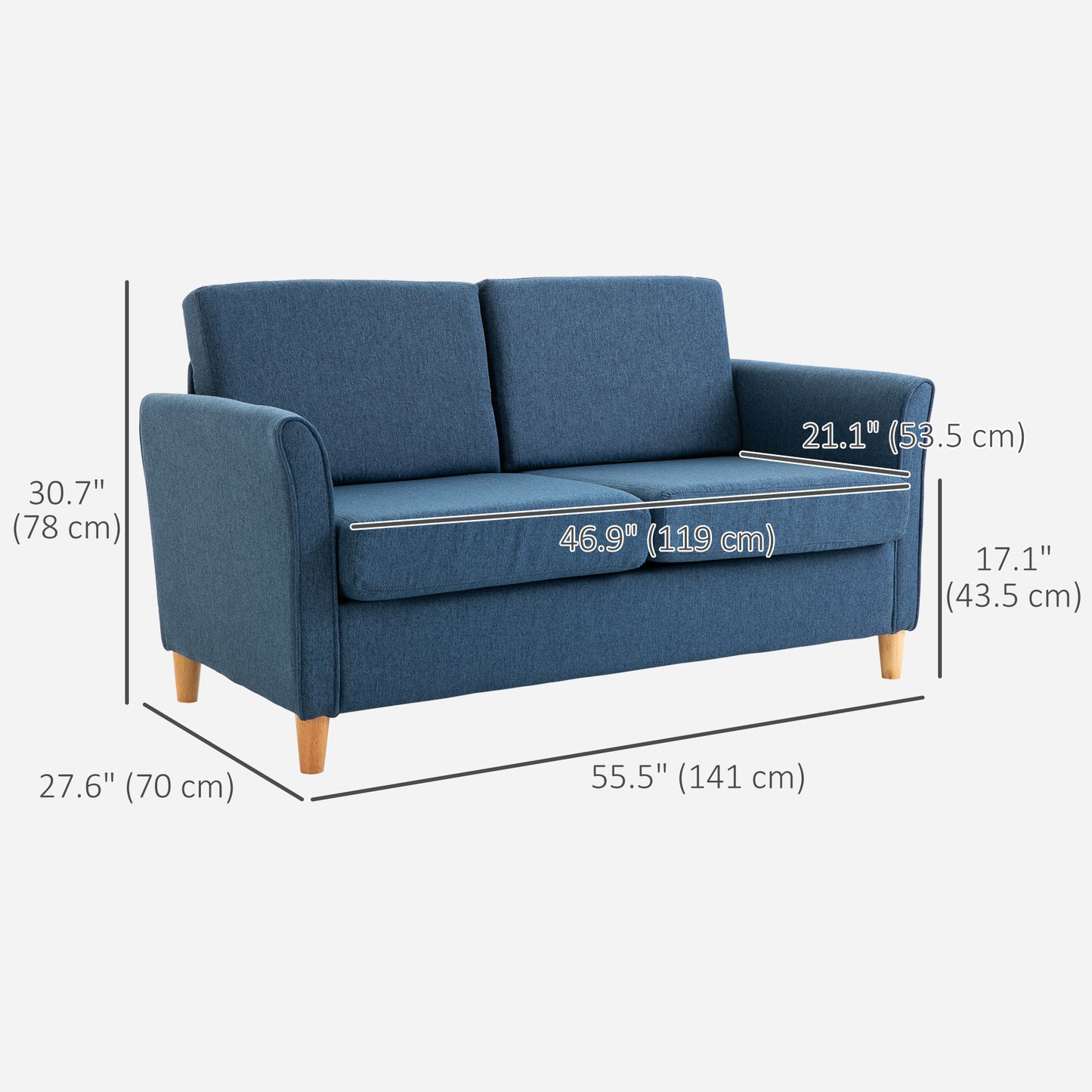 2-Seat Sofa Two-Seater Couch with Armrests and Wood Legs for Living Room, Bedroom, Blue