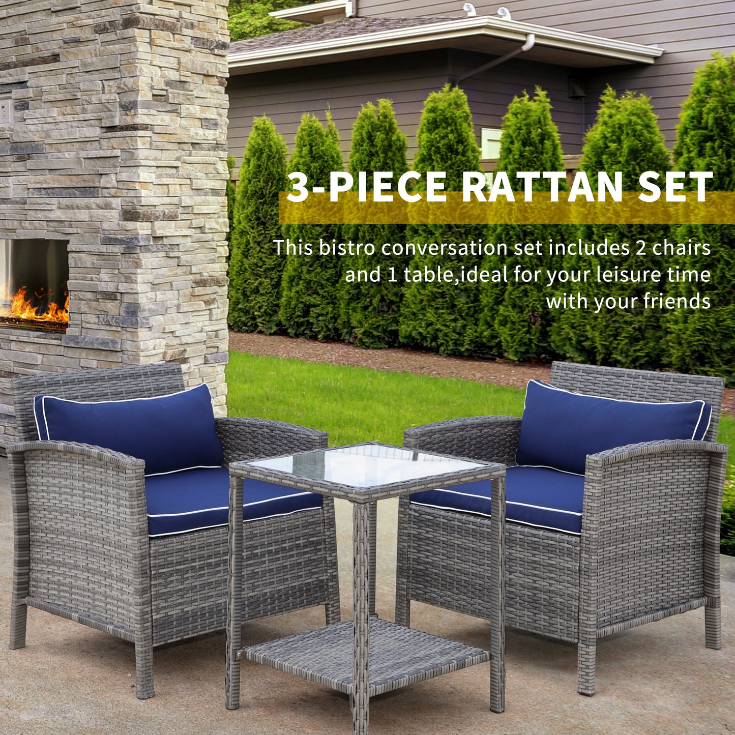 3 Pieces Patio Wicker Coffee Table Set Bistro Conversation Furniture with Cushion for Patio Yard Porch Blue