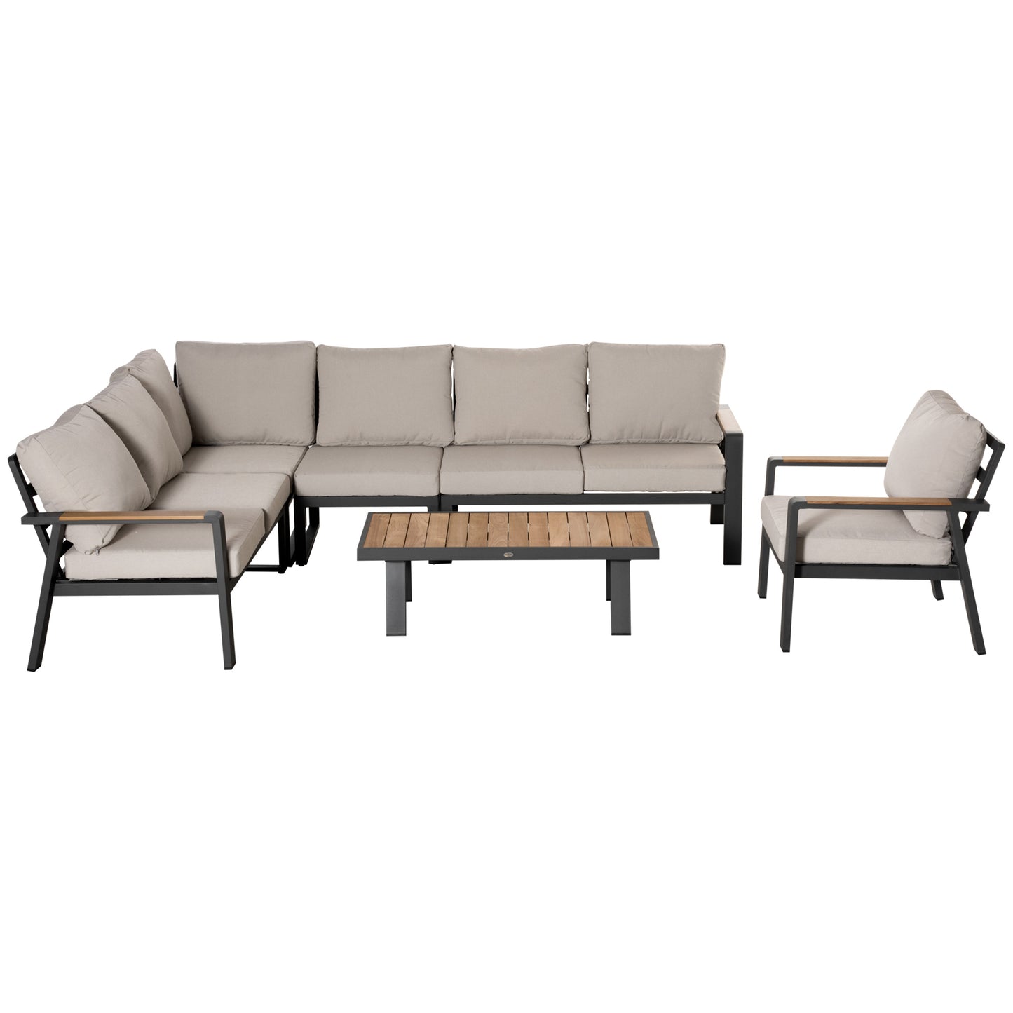 6-Piece L-shaped Patio Furniture Set for 7, Aluminium Conversation Set Sectional Corner Sofa Set with Widened Seat, Teak Wood Top Coffee Table & Cushions, Cream White