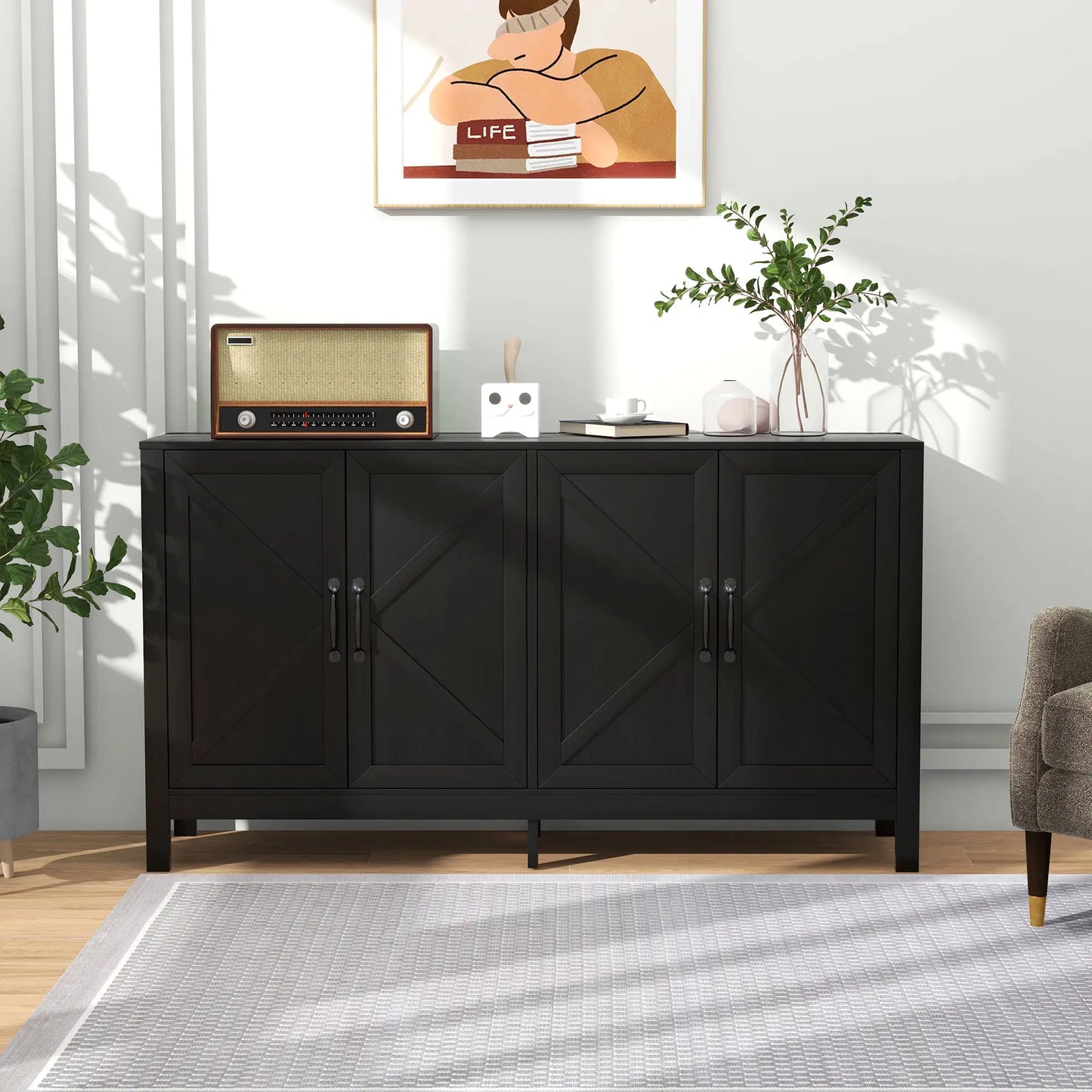 Sideboard Buffet with Barn Door and Adjustable Shelf in Black