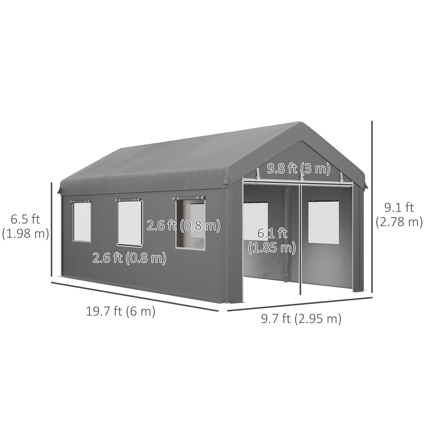 10' x 20' Carport, Heavy Duty Portable Garage with 6 Mesh Windows and 2Doors, Grey