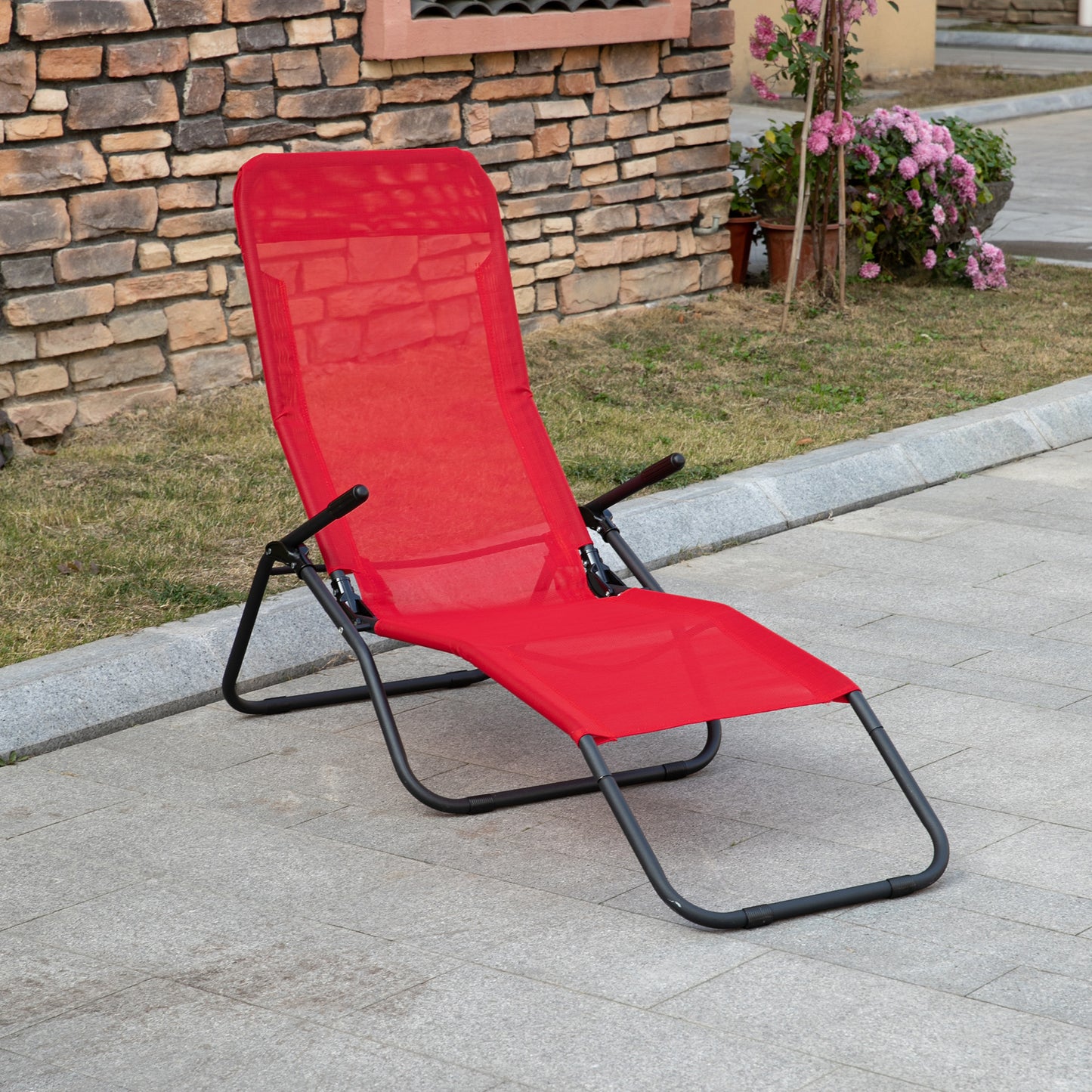 Foldable Patio Lounge Chair, Outdoor Beach Lounger with Breathable Mesh Fabric, Zero Gravity Chair with Rocking Function, Footrests, and Armrests, for Garden, Pool, Red