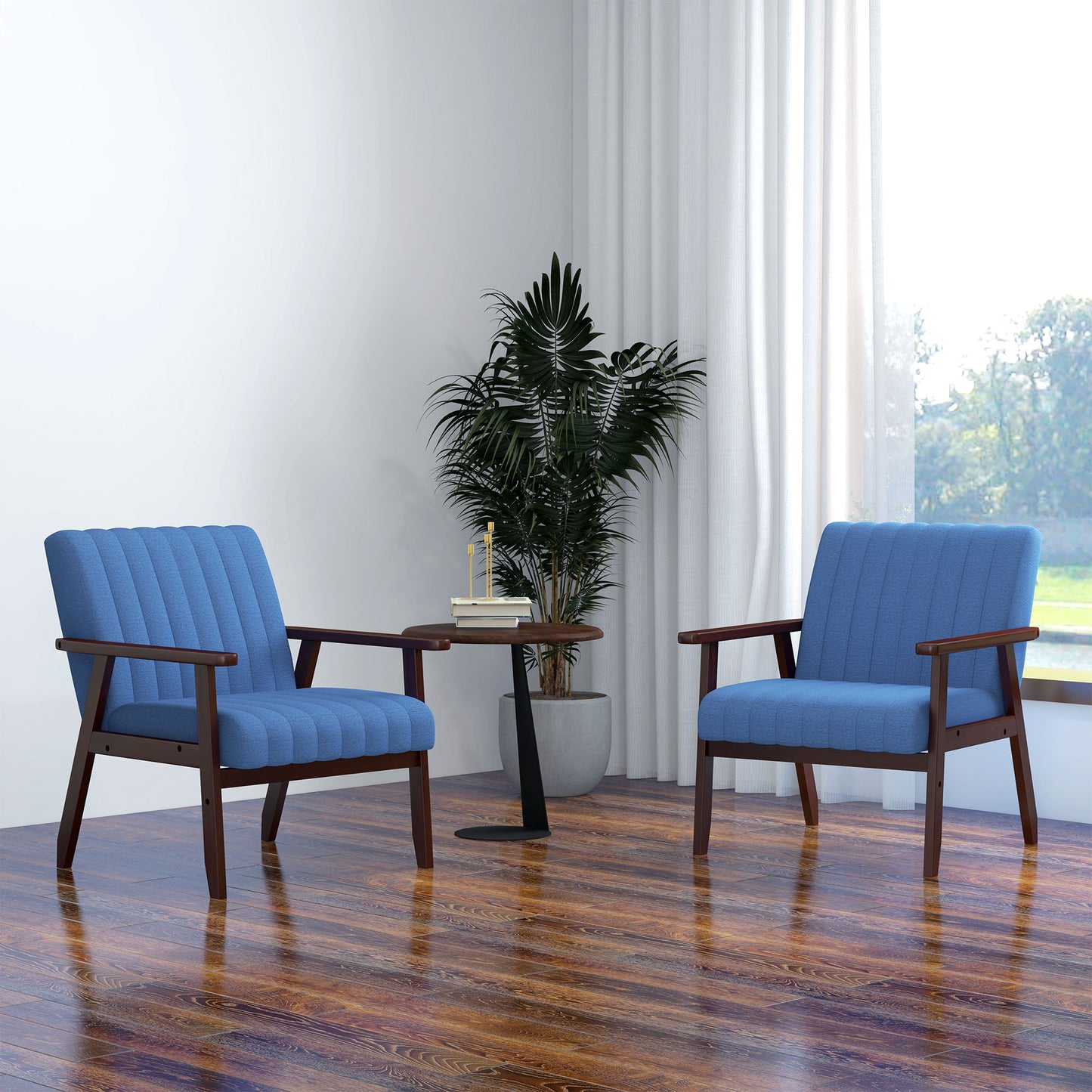 Set of 2 Modern Upholstered Armchairs with Wooden Legs and Tufting Design, in Blue