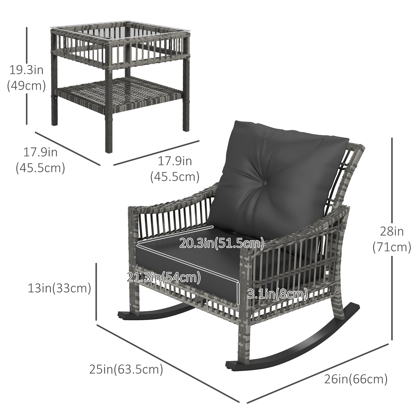 3 Pieces Outdoor PE Rattan Rocker Chair Set, Rocking Chair with Tempered Glass Table Top,25"x26"x28", Mixed Grey